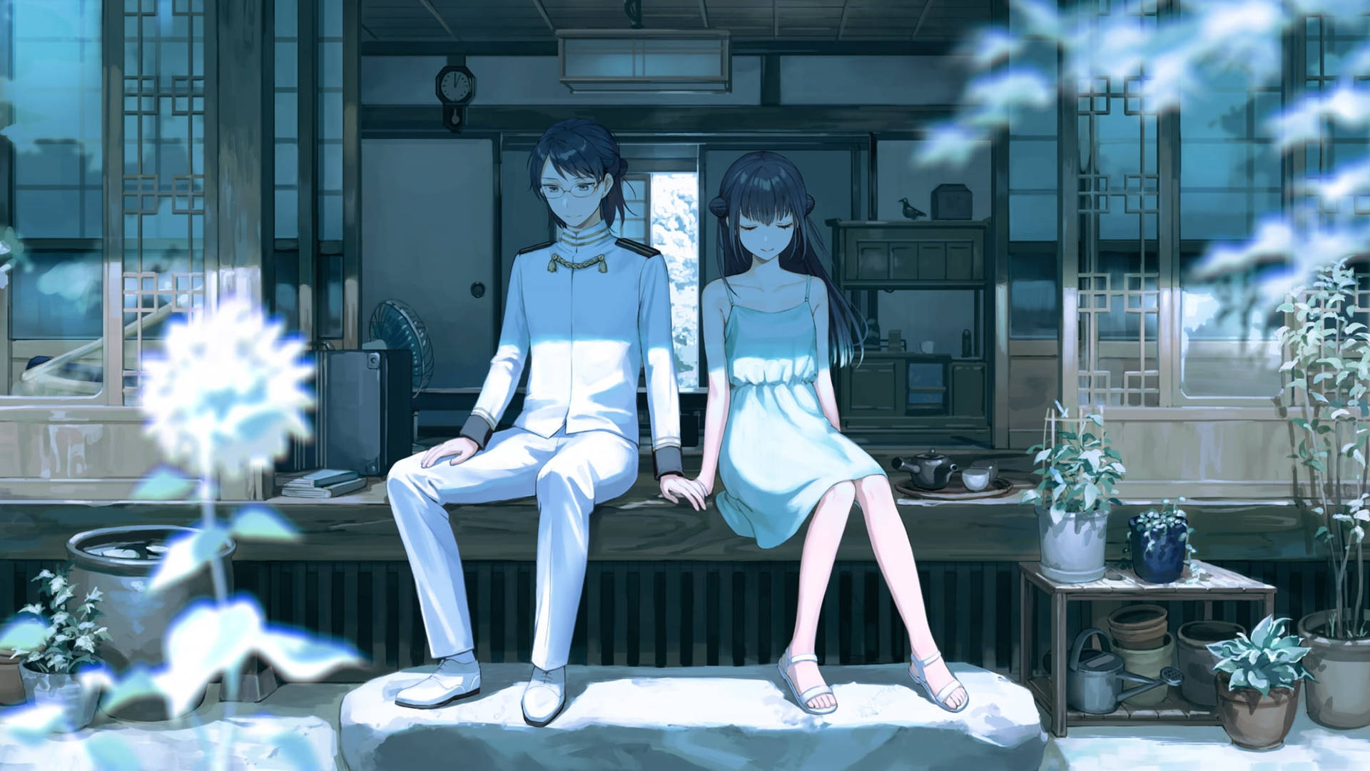 Cute Anime Couple Sitting Outside Home Wallpaper