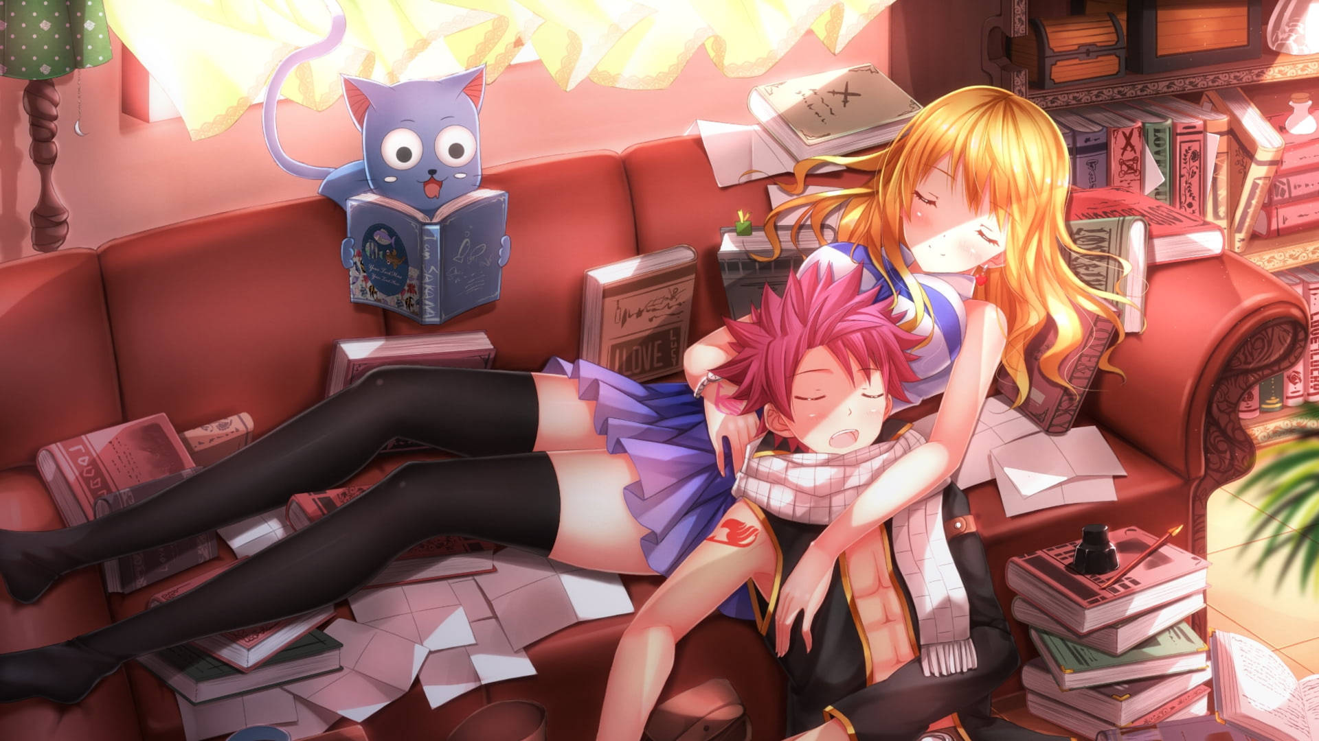 Download Cute Anime Couple Sleeping On Couch Wallpaper 