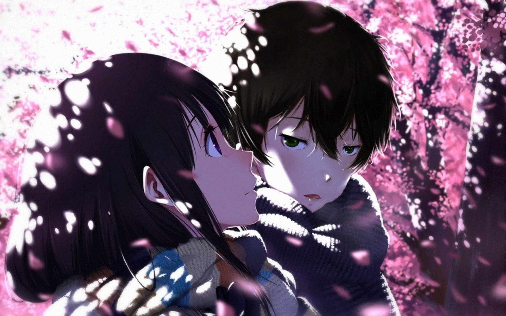 Sød Anime Par Med Kirsebærblomster Wallpaper