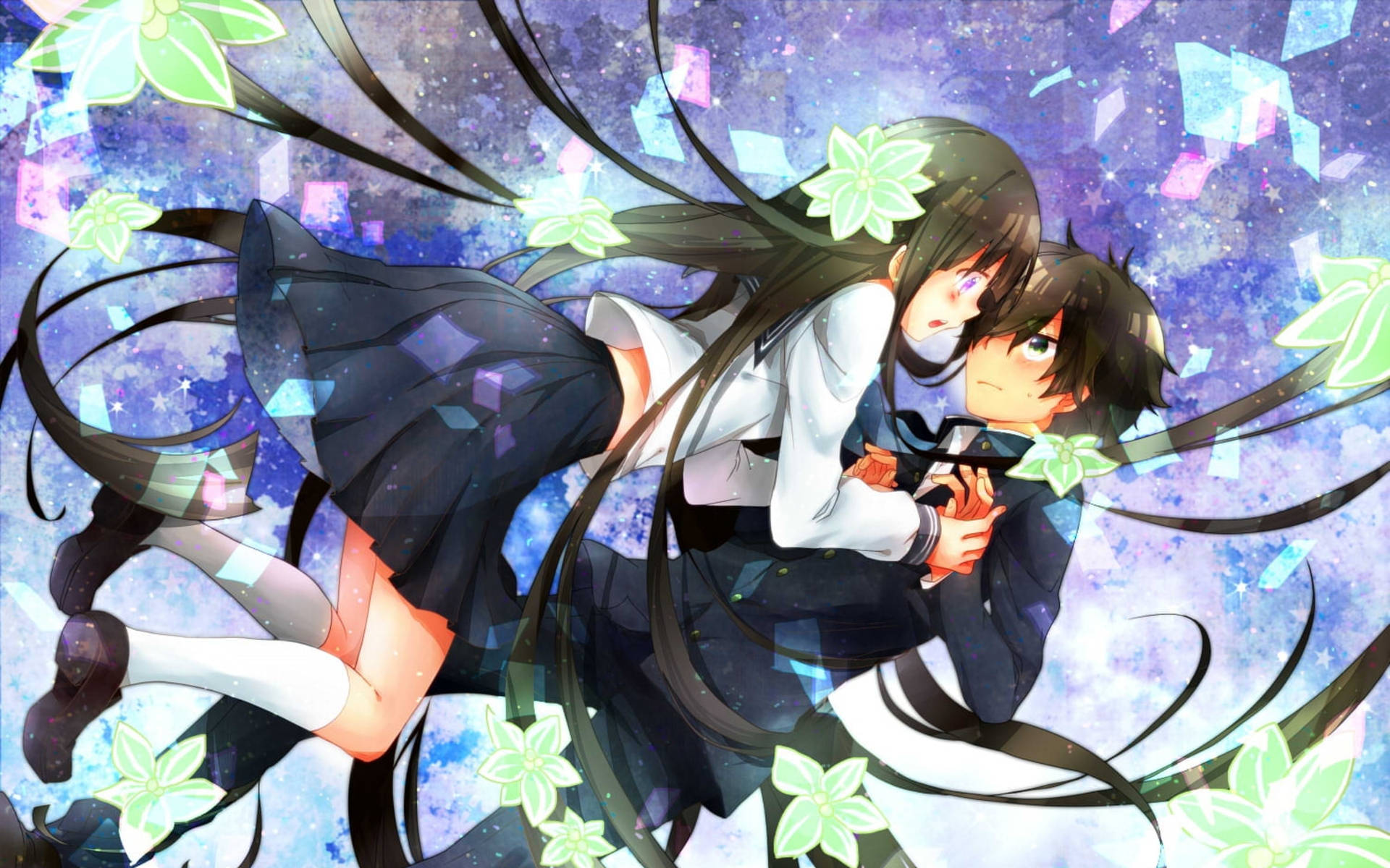 Cute Anime Couple With Green Flowers Wallpaper