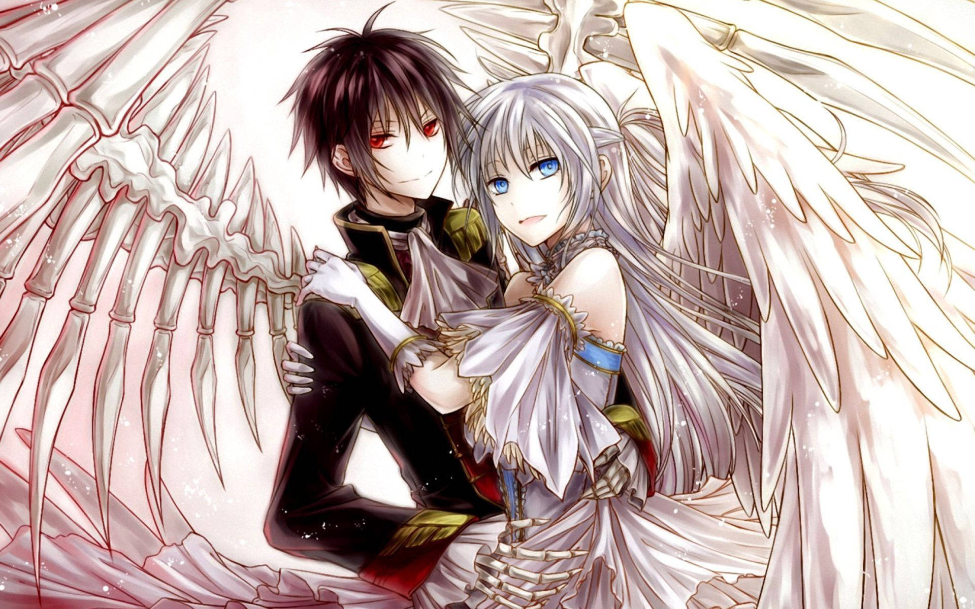 Download Cute Anime Couple With White Wings Wallpaper 