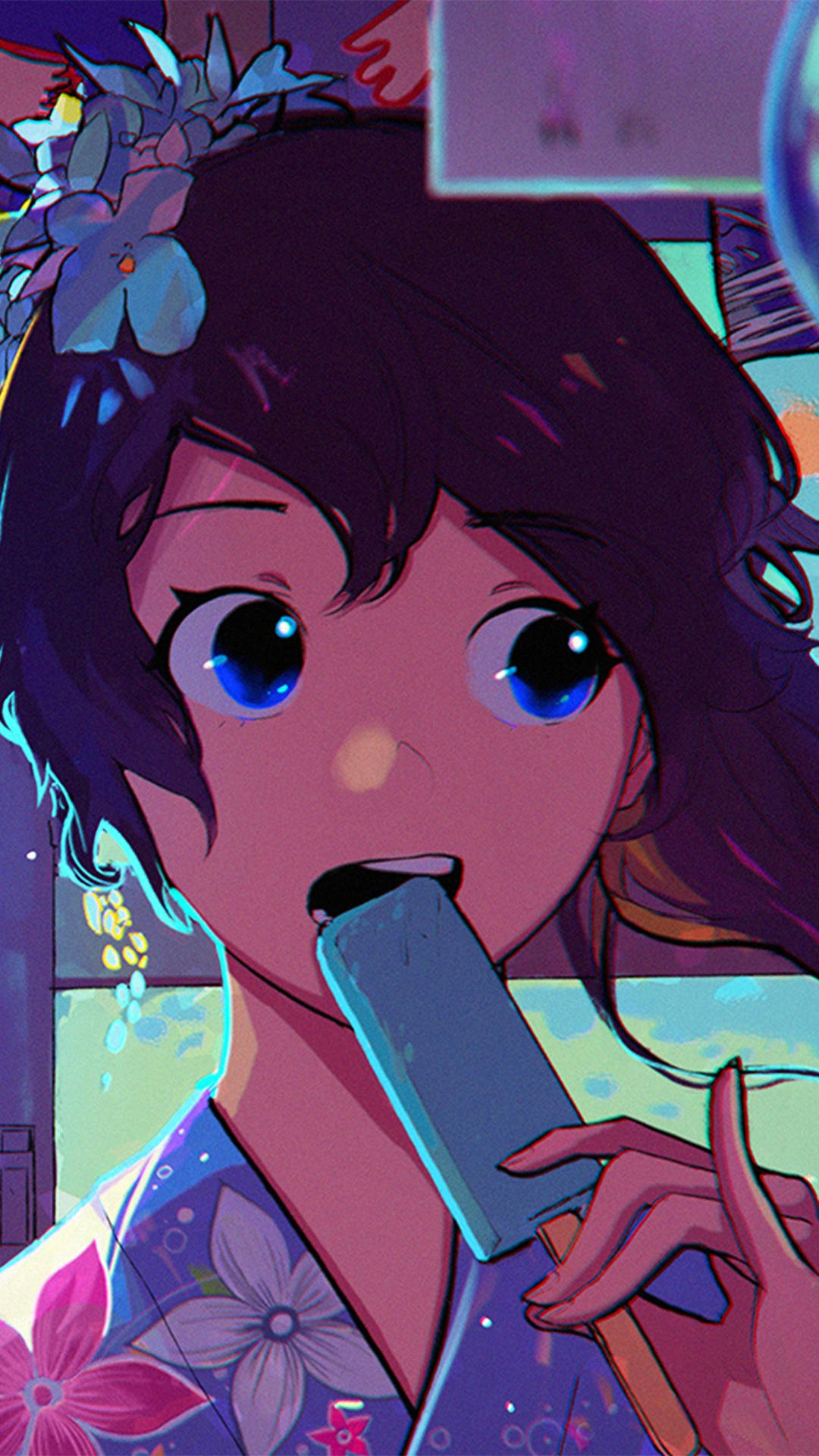 Sød Anime Pige iPhone Med Popsicle Tapet. Wallpaper