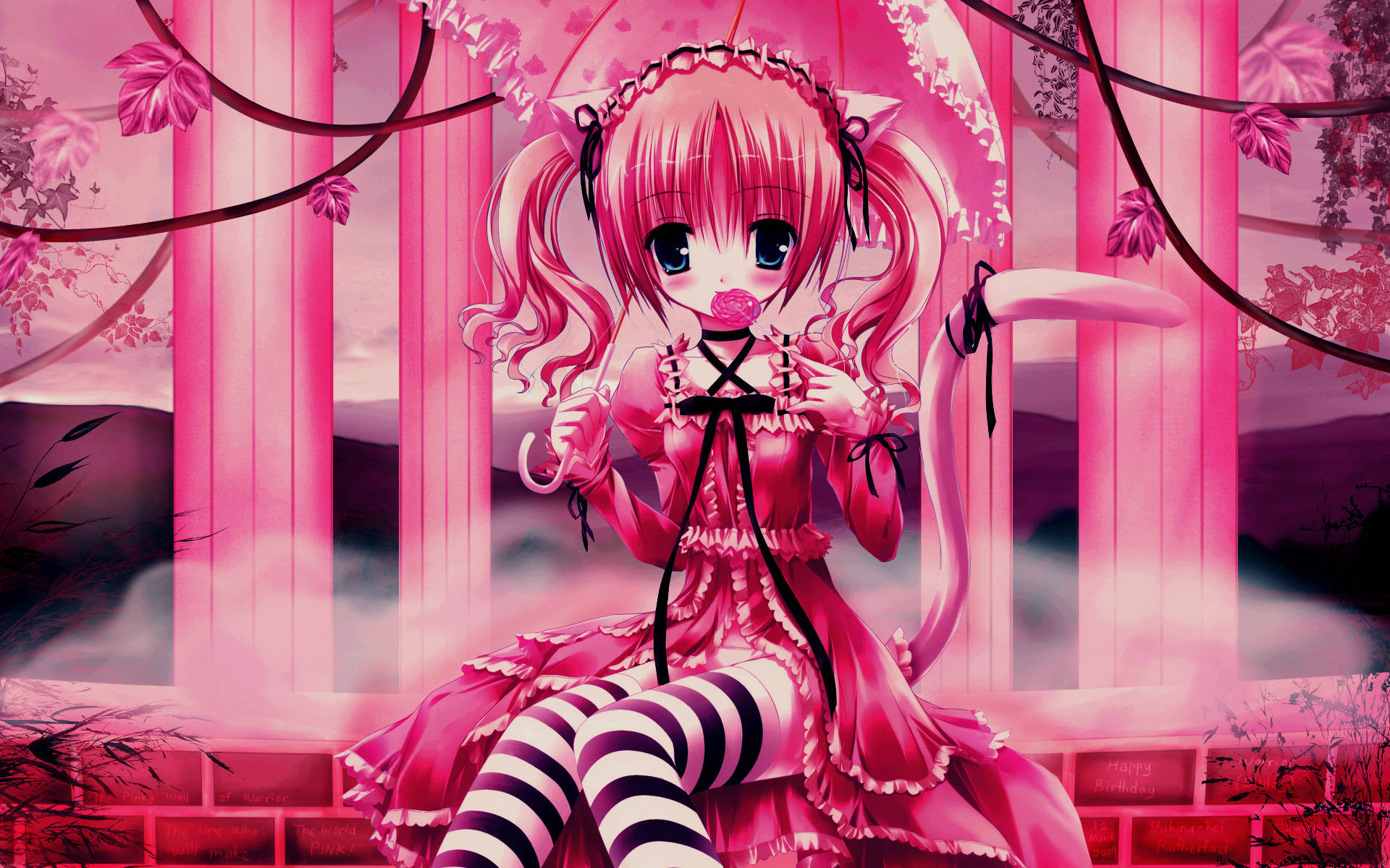 Sød anime pige rosa kolonner tapet Wallpaper