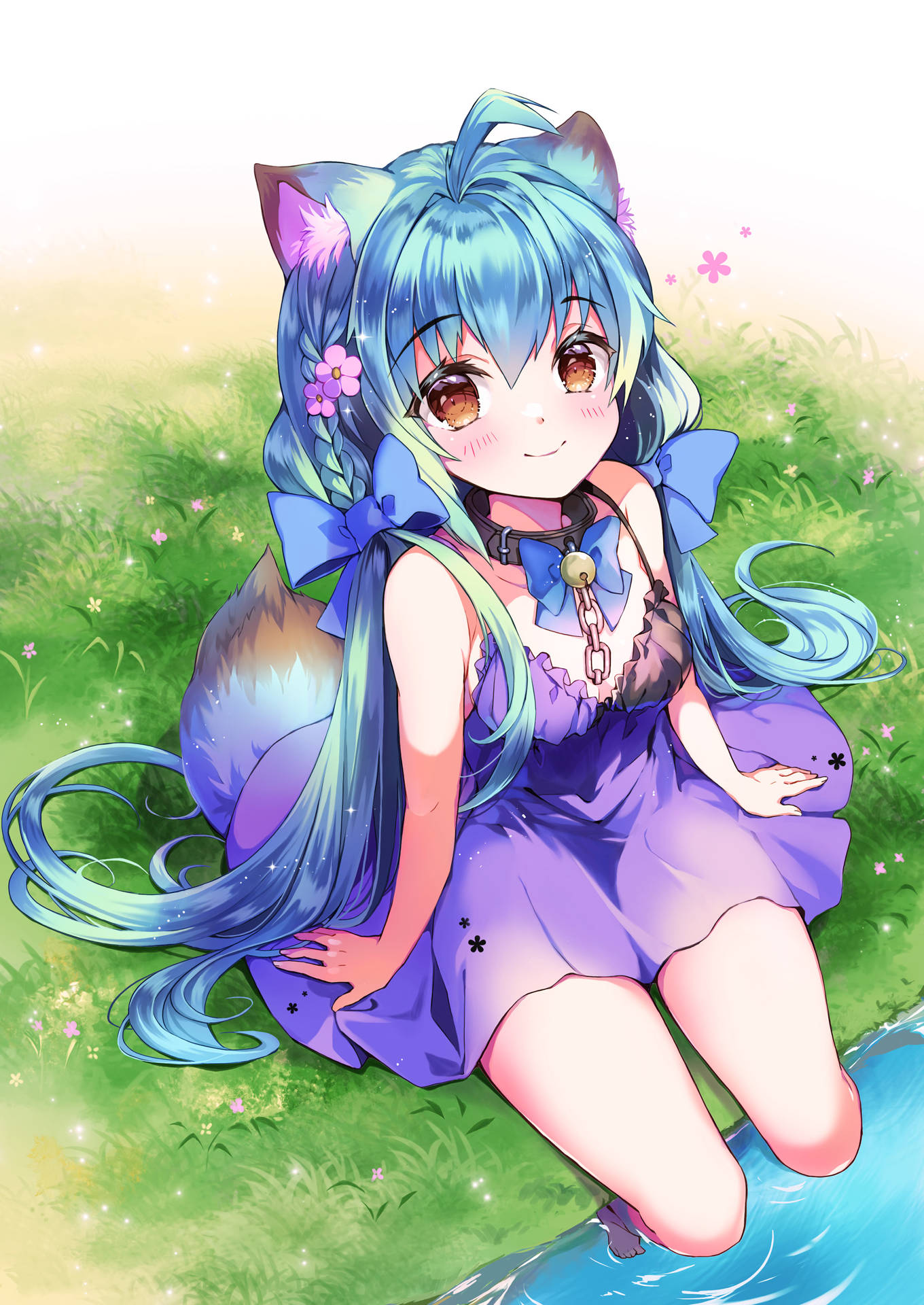 Cute Anime Girl With Blue Hair Background