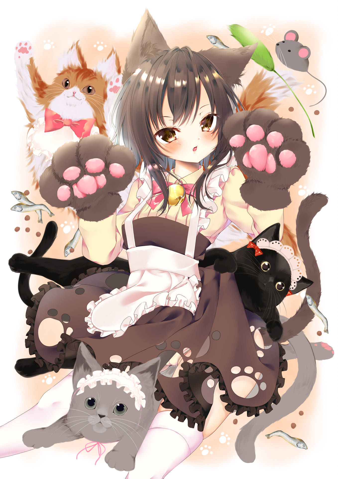 Cute Anime Girl With Cats Wallpaper