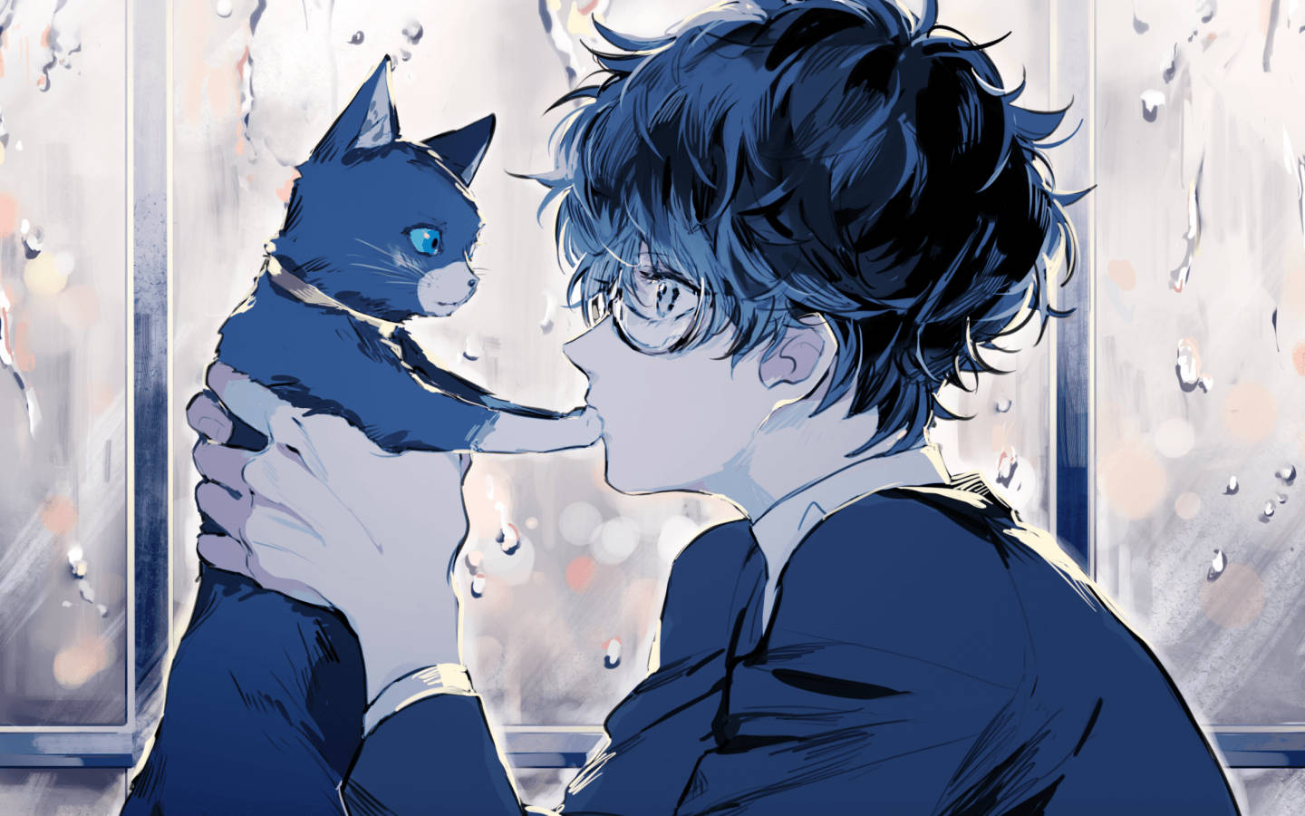 Cute Anime Guy And Blue Cat