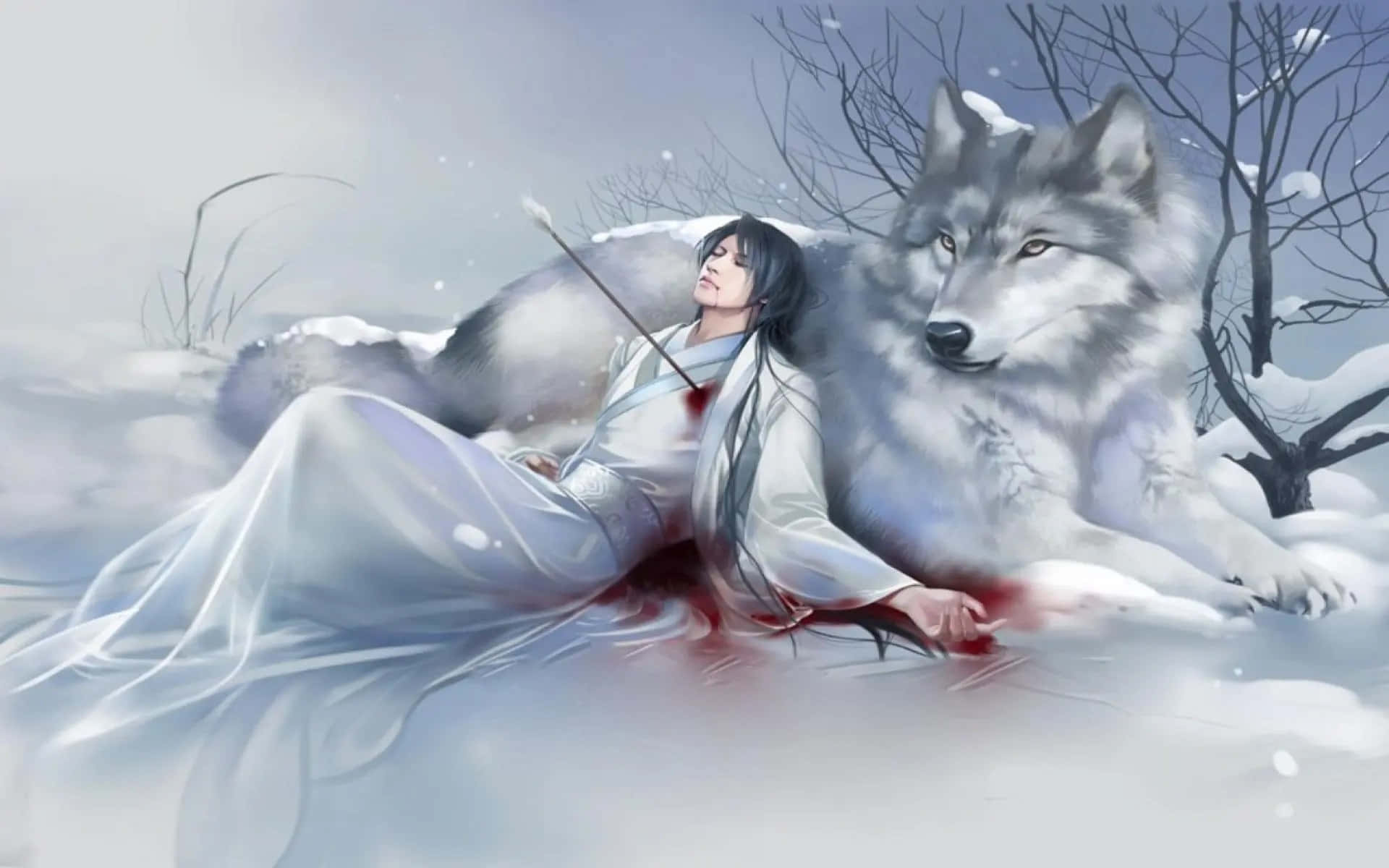 Ensød Anime-ulvepige Stirrer Dybt Ud I Natten. Wallpaper