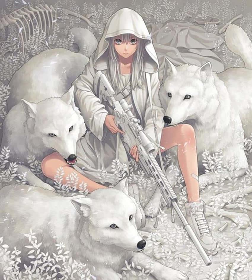 Cute Anime Girl Surrounded By White Wolves Wallpaper