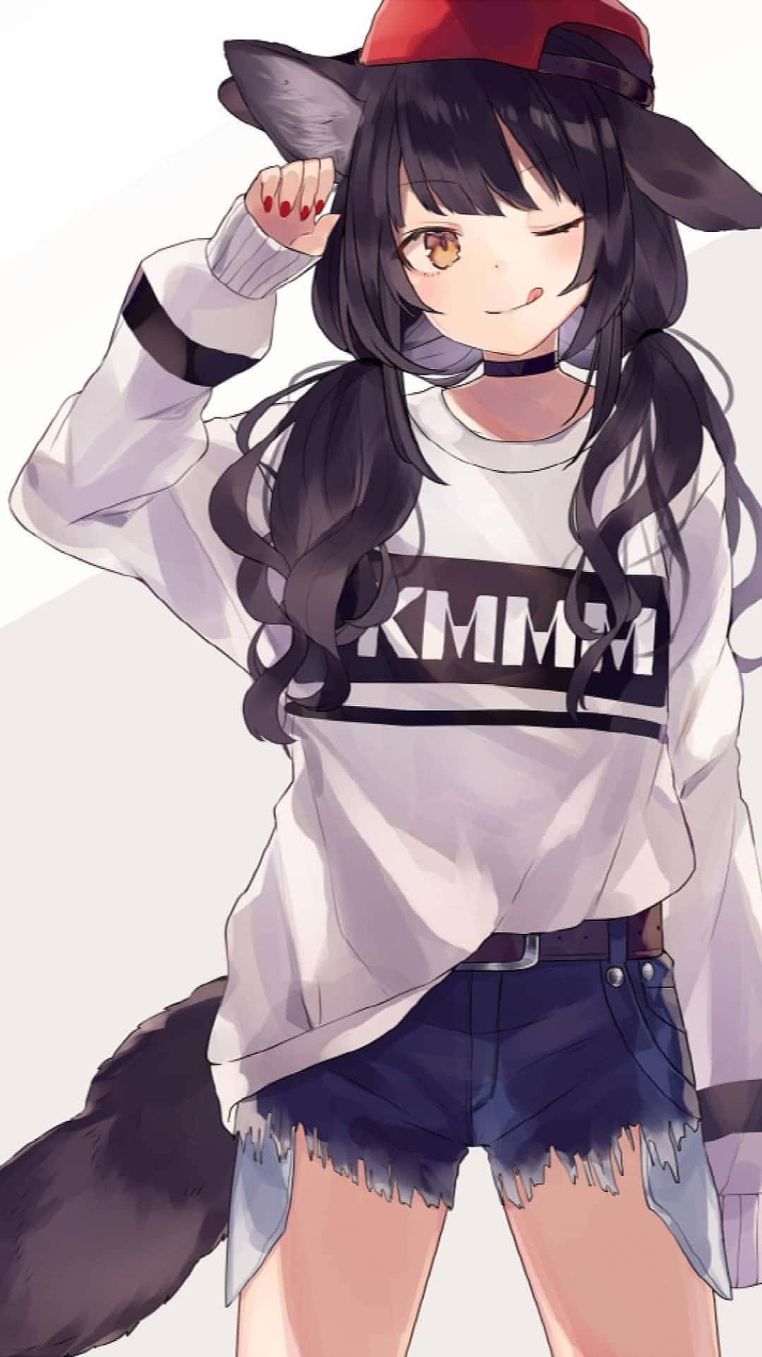 A Girl In A White Shirt And Shorts With A Fox Hat Wallpaper