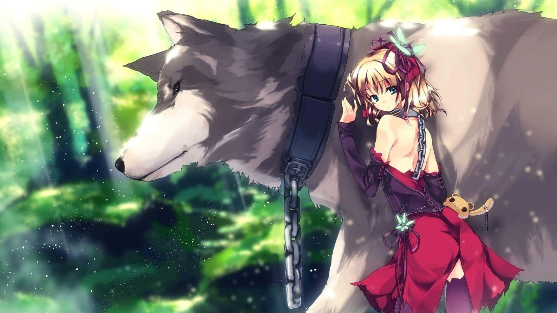 A Cute Anime Wolf Girl Perched among the Trees, Ready to Pounce Wallpaper