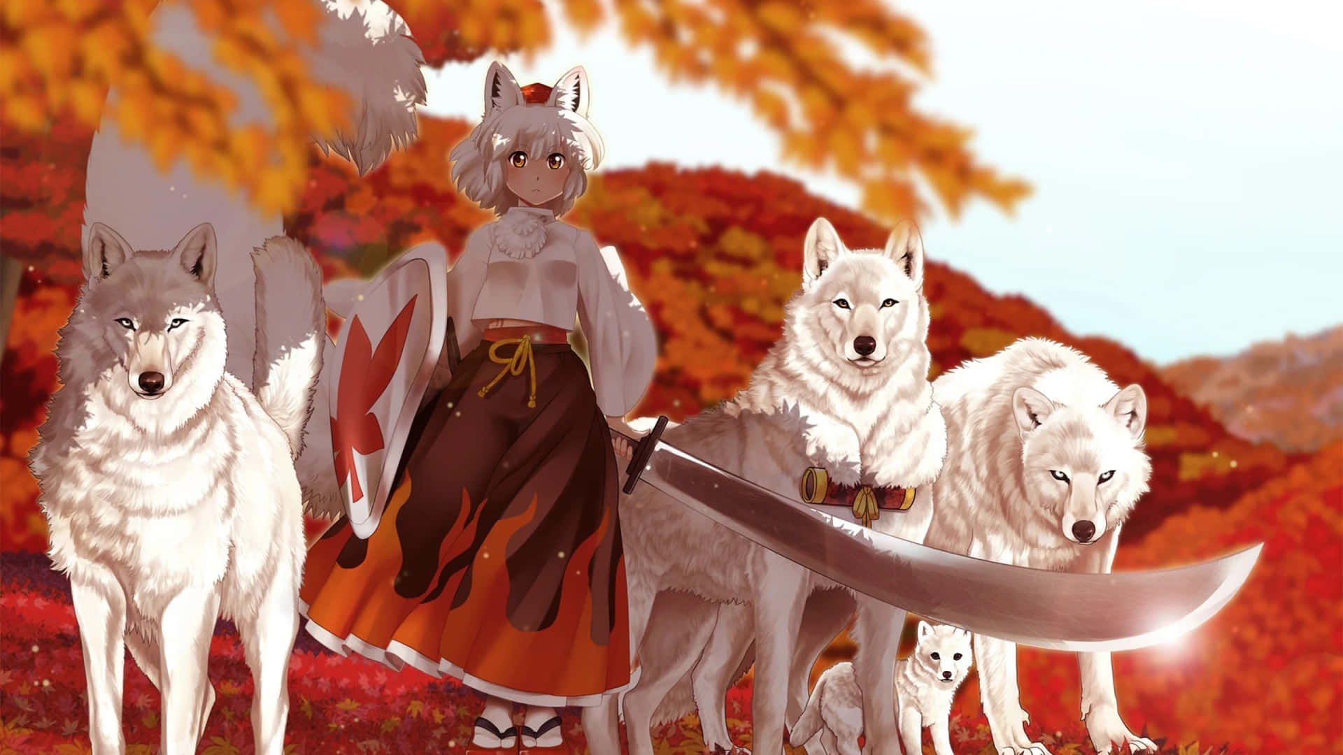 Sød lille anime ulv pige nyder foråret. Wallpaper