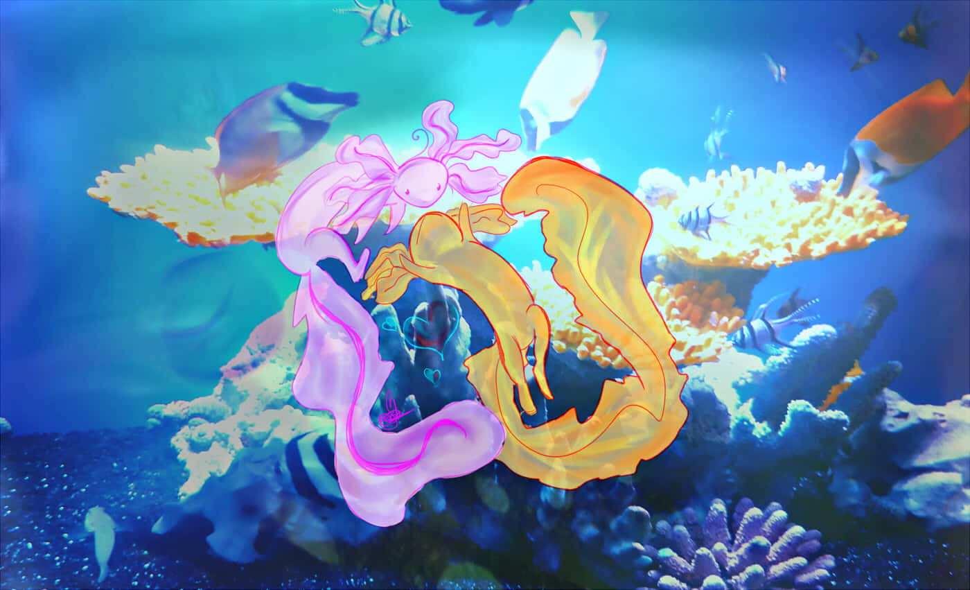 Cute Axolotl Animals Underwater Graphic Art Wallpaper