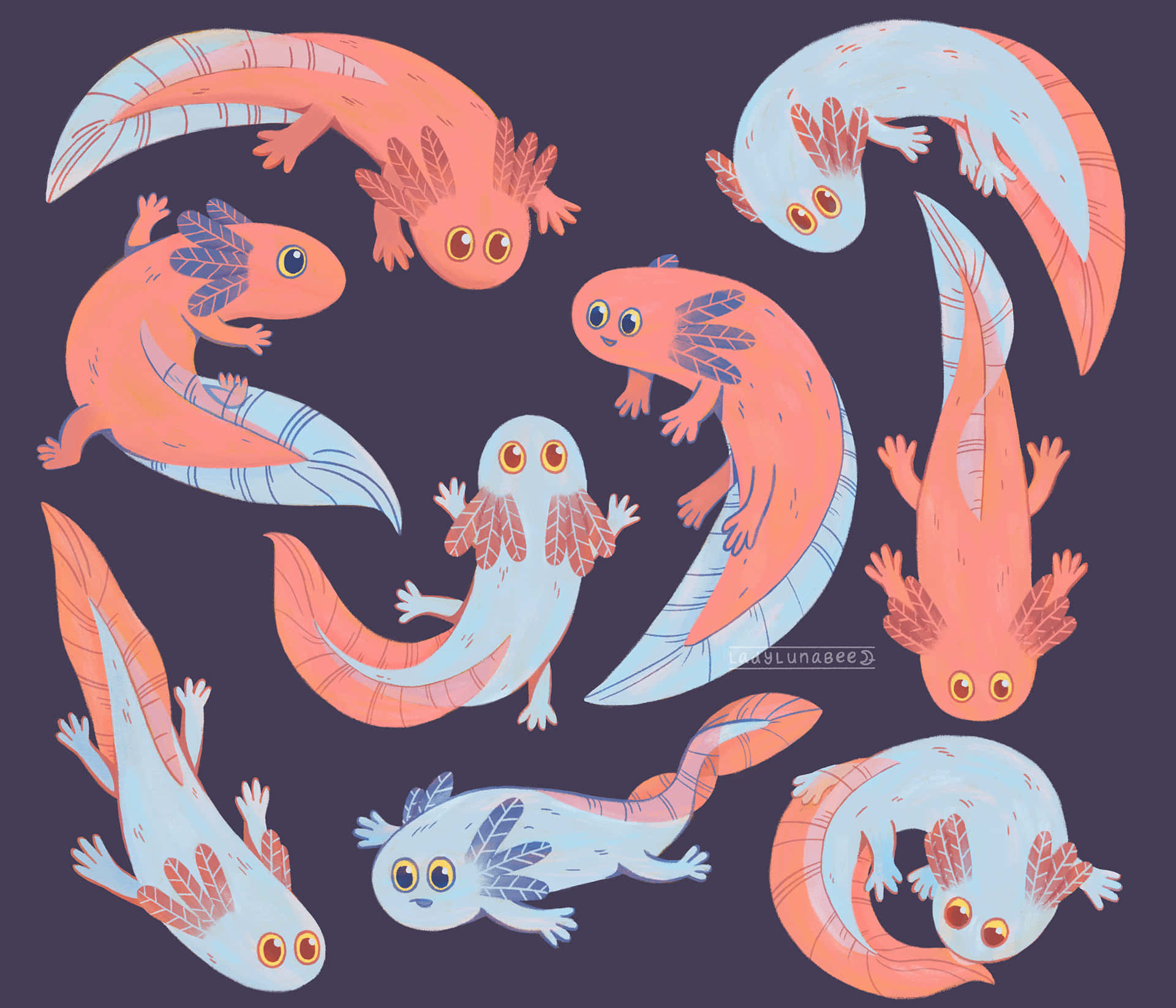 Cute Axolotl Animals With Long Tails Graphic Art Wallpaper