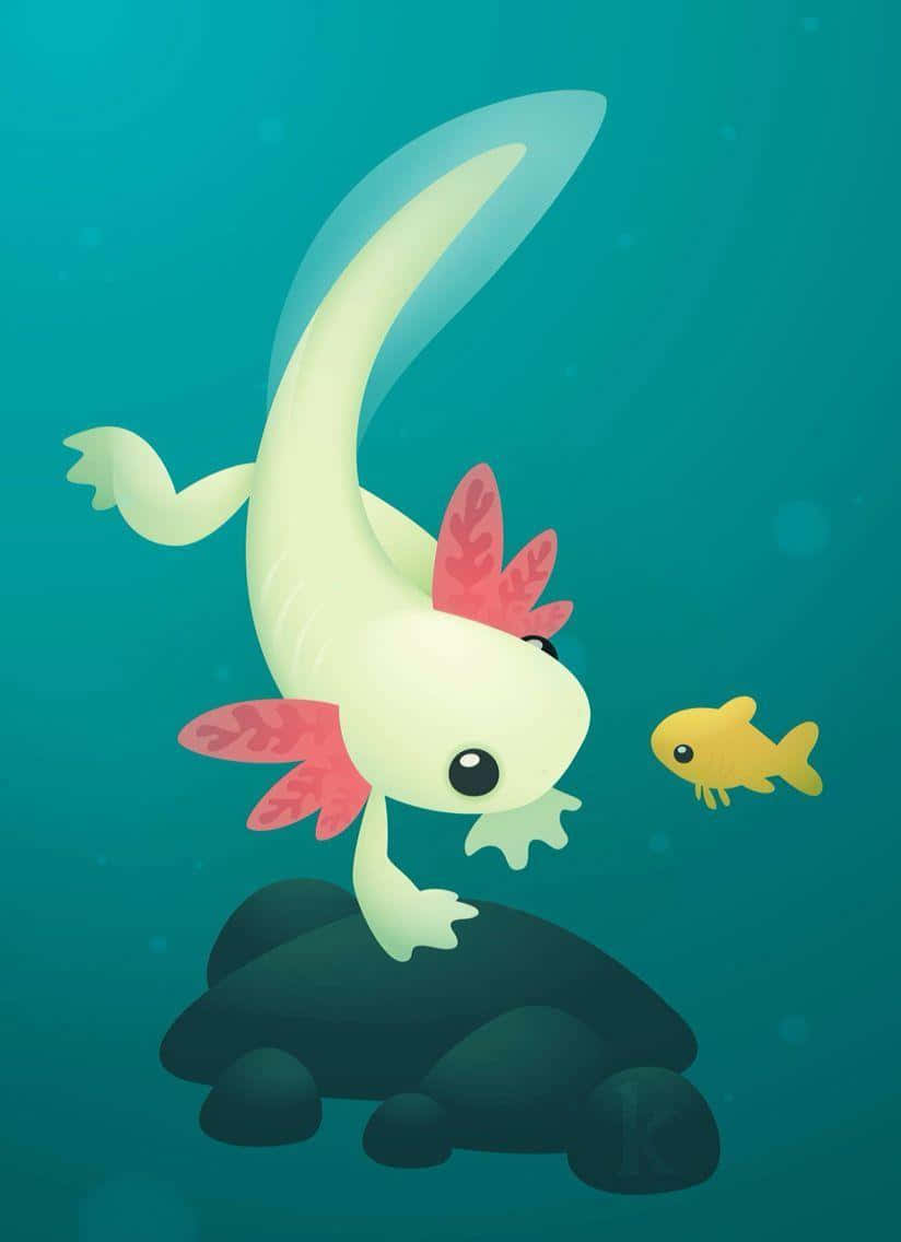Sød Axolotl svømmer med en lille fisk Digital Art Wallpaper. Wallpaper