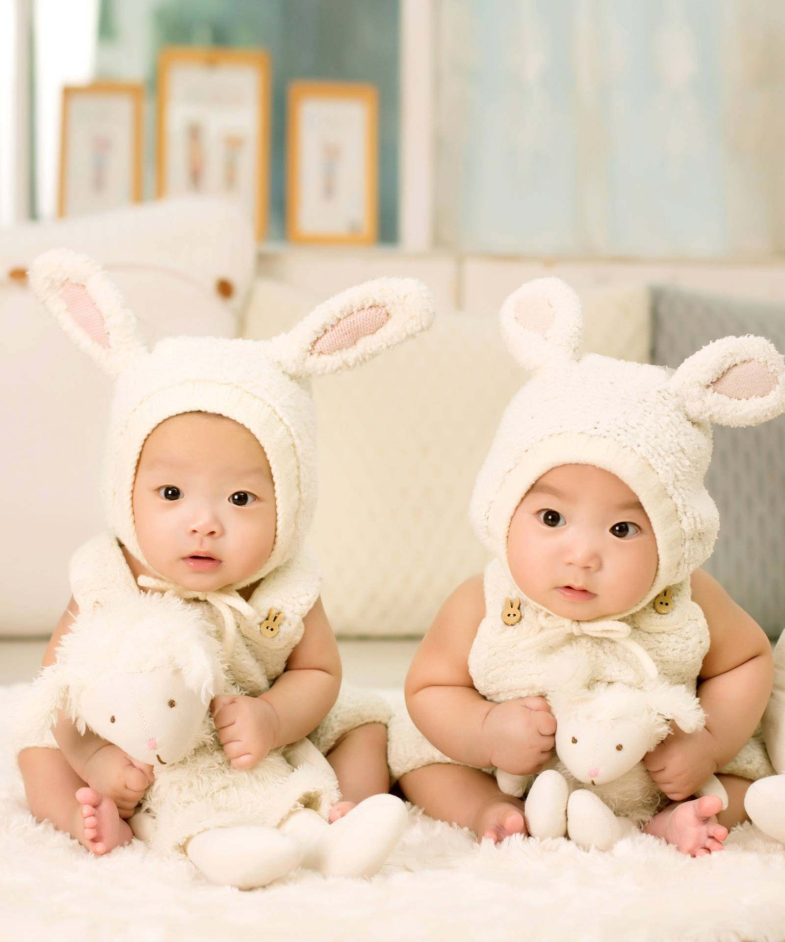 Cute Babies With Matching Bunny Bonnets Background