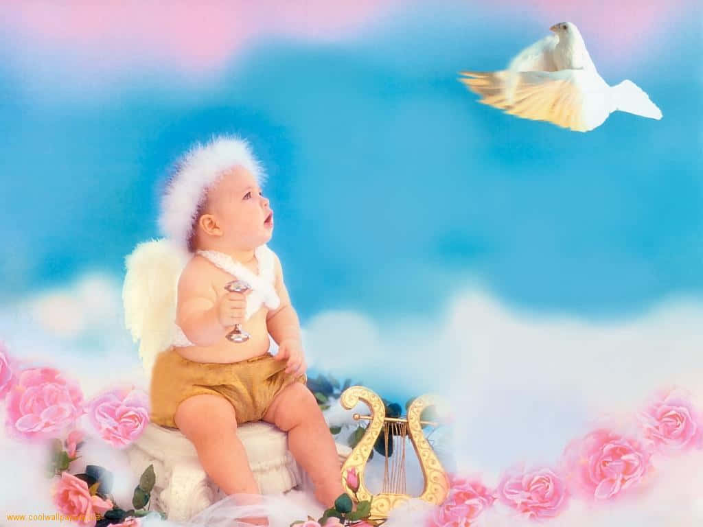 Sød babyengel i himlen Wallpaper
