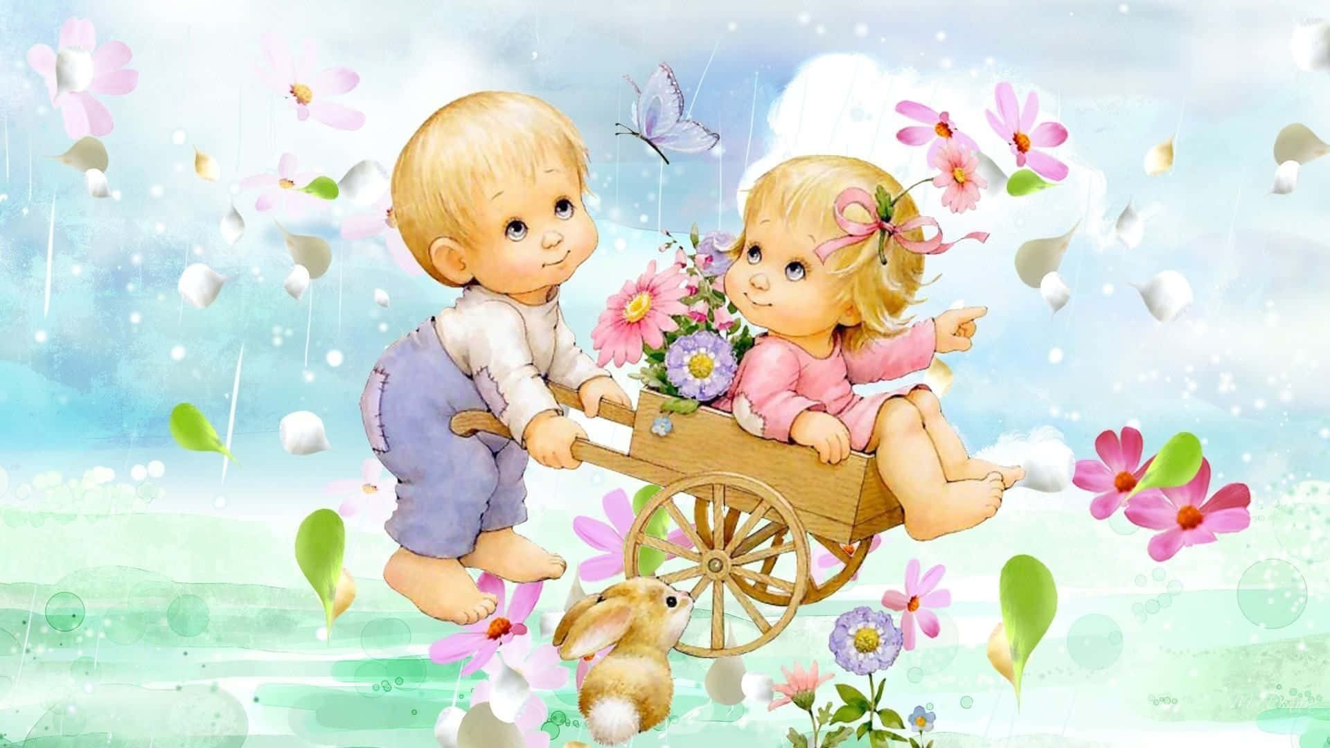 Cute Baby Couple Garden Art Wallpaper