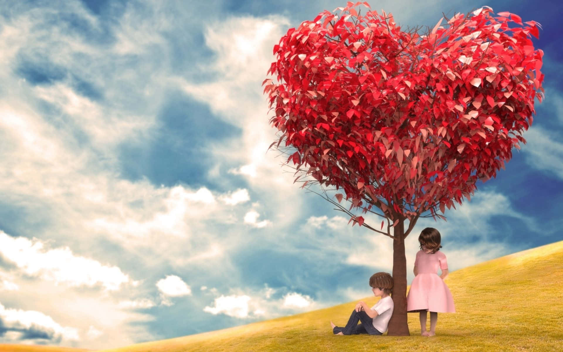 Cute Baby Couple Red Heart Shaped Tree Wallpaper