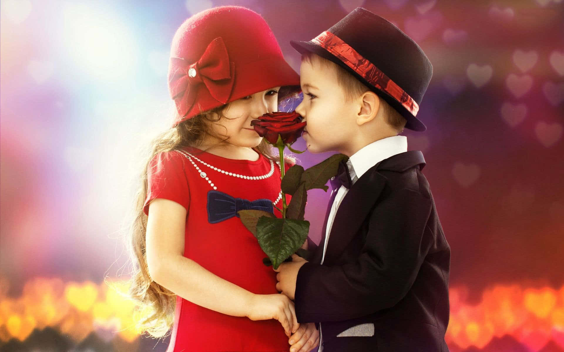 Cute Baby Couple Smelling Rose Flower Wallpaper