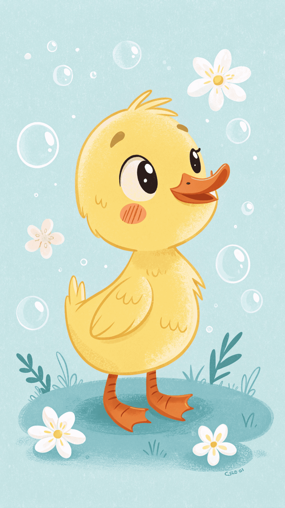 Cute Baby Duck With Bubbles And Flowers Wallpaper
