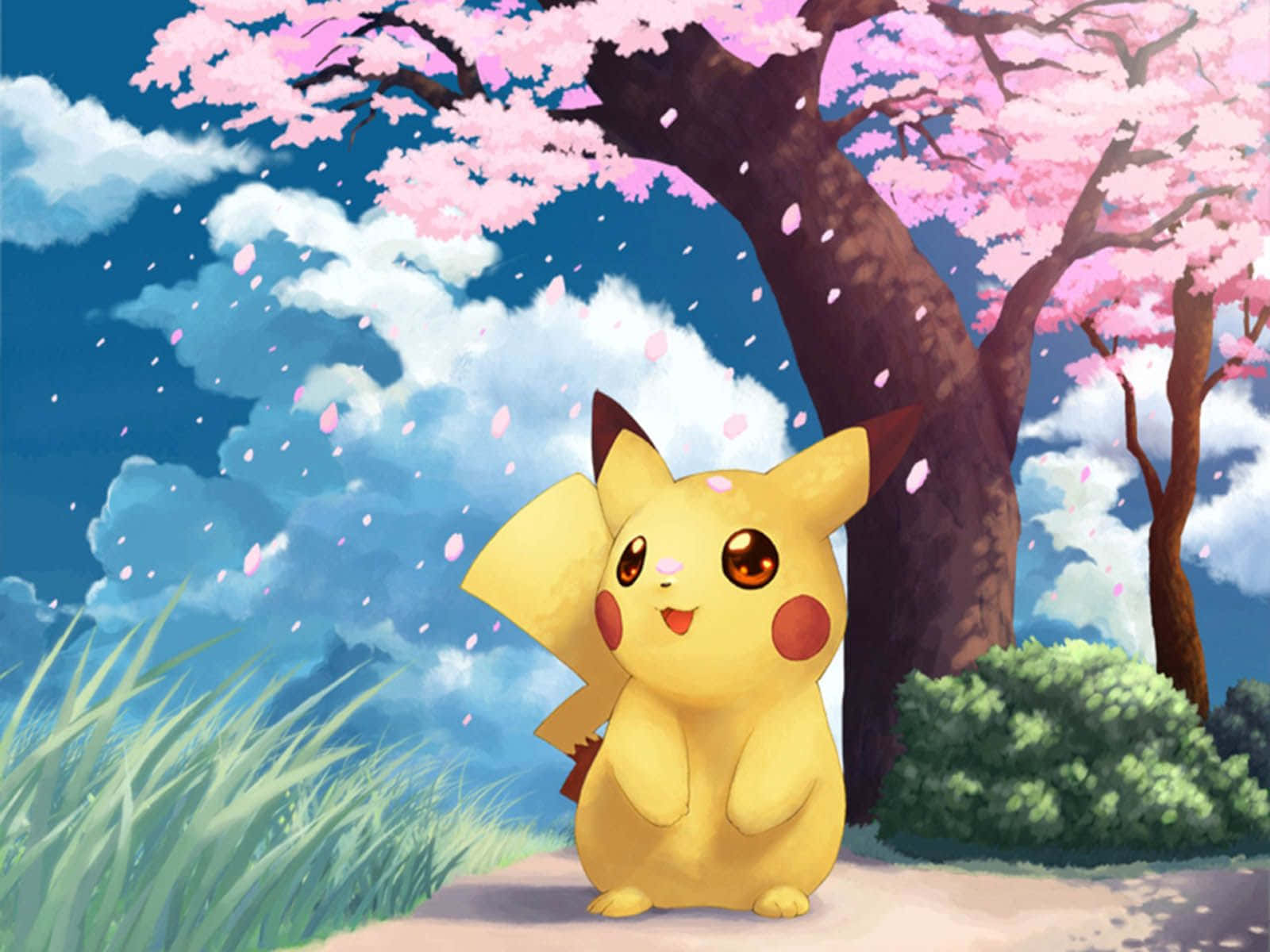 Cute Baby Pikachu With Cherry Blossoms Wallpaper