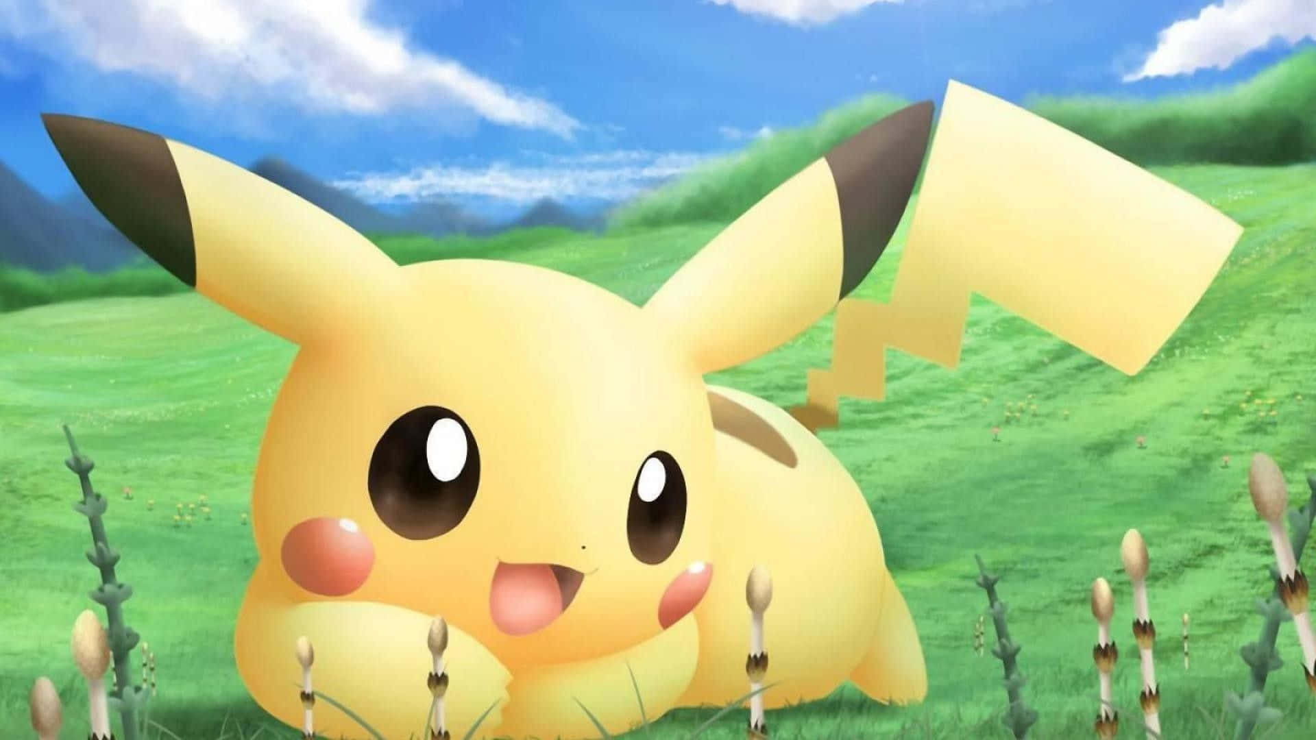 Carinobaby Pikachu Sdraiato Sull'erba Sfondo