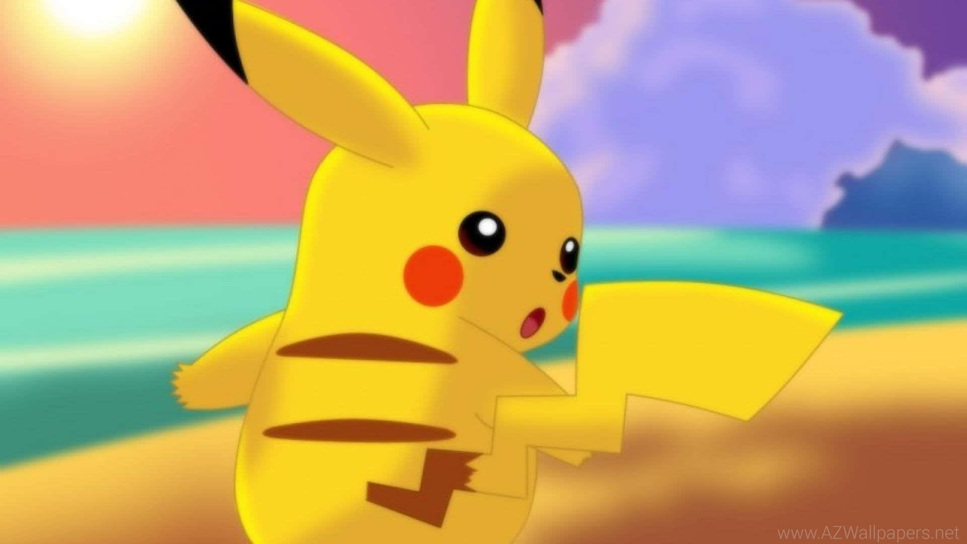 Lindobebé Pikachu En La Puesta De Sol En La Playa. Fondo de pantalla