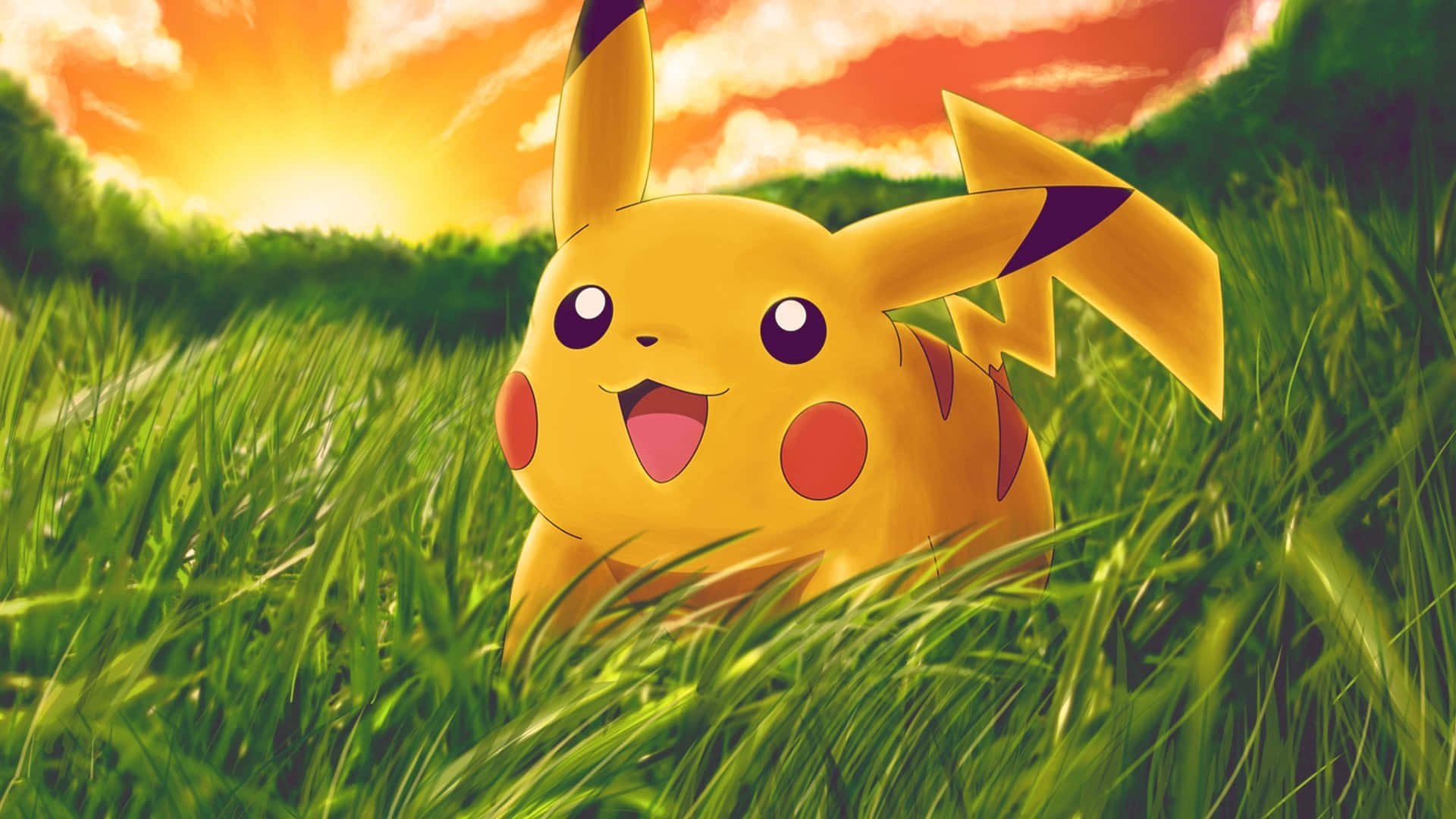 Süßesbaby-pikachu Im Gras Wallpaper