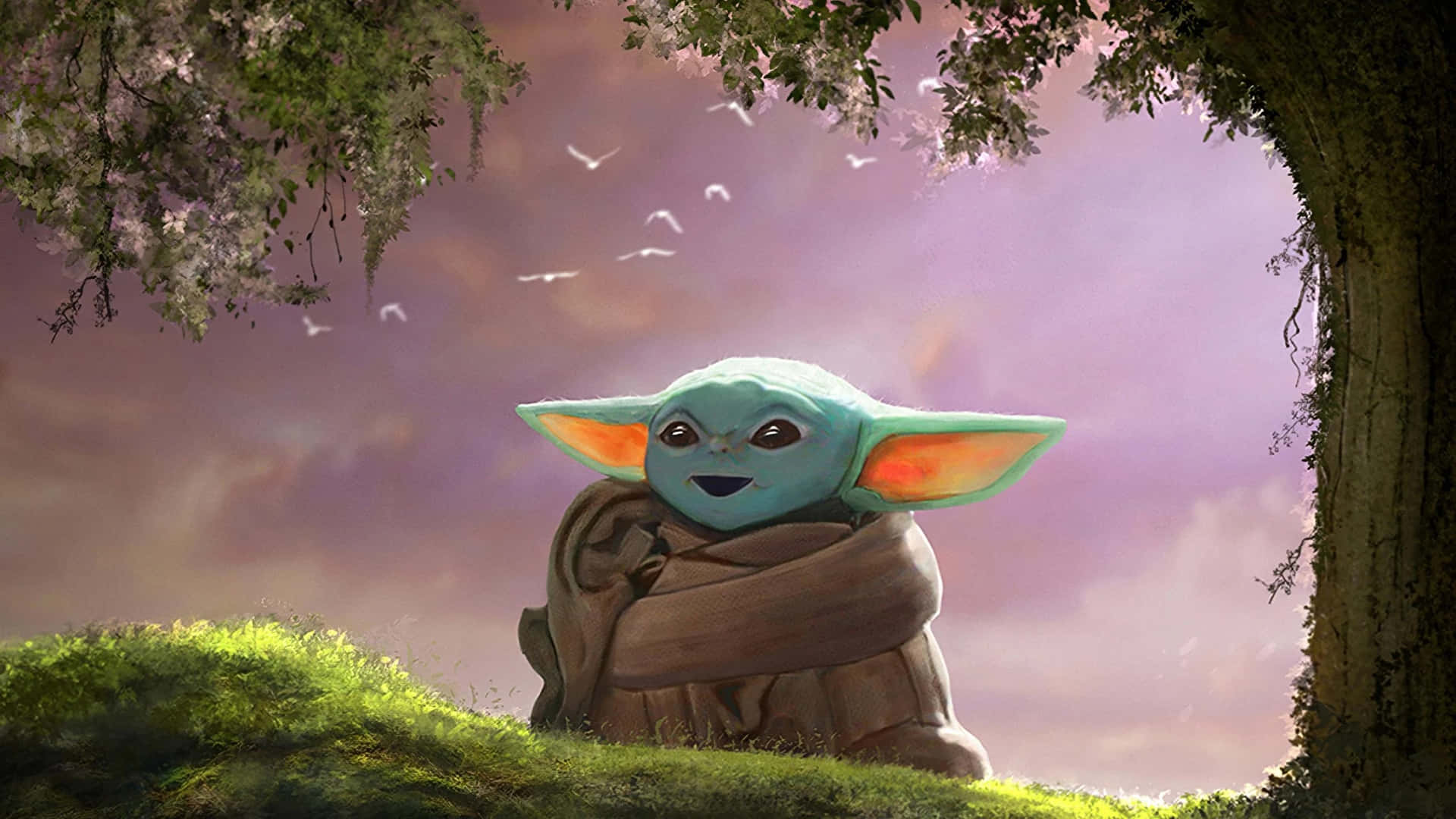 Cute Baby Yoda Under A Tree Picture