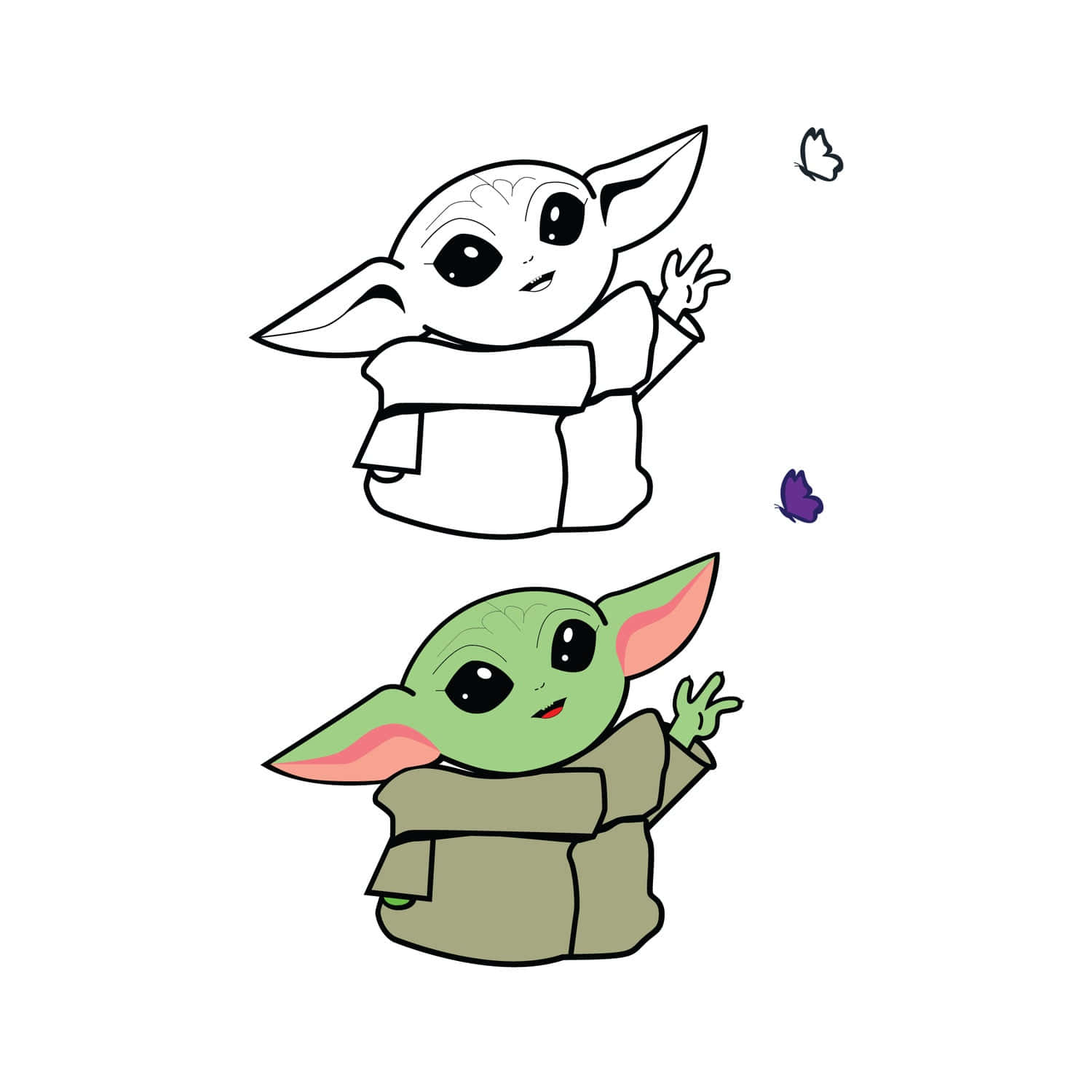 Cute Baby Yoda Colored And Uncolored Picture