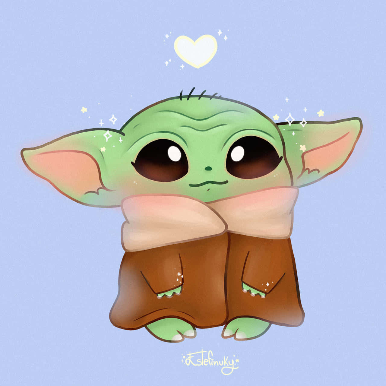 Download Cute Baby Yoda On Pastel Blue Picture