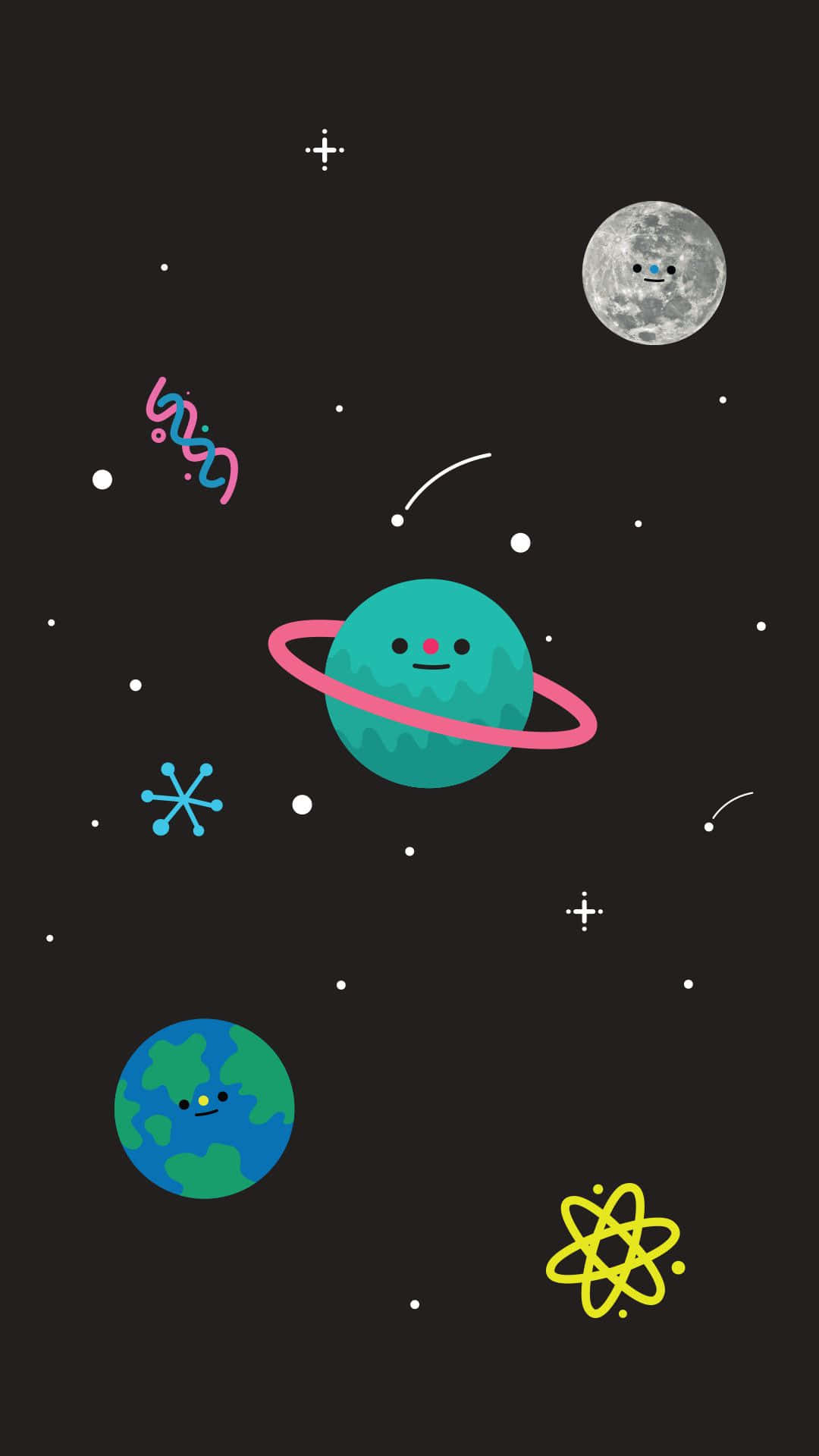 Cute Cartoon Planets On Black Background