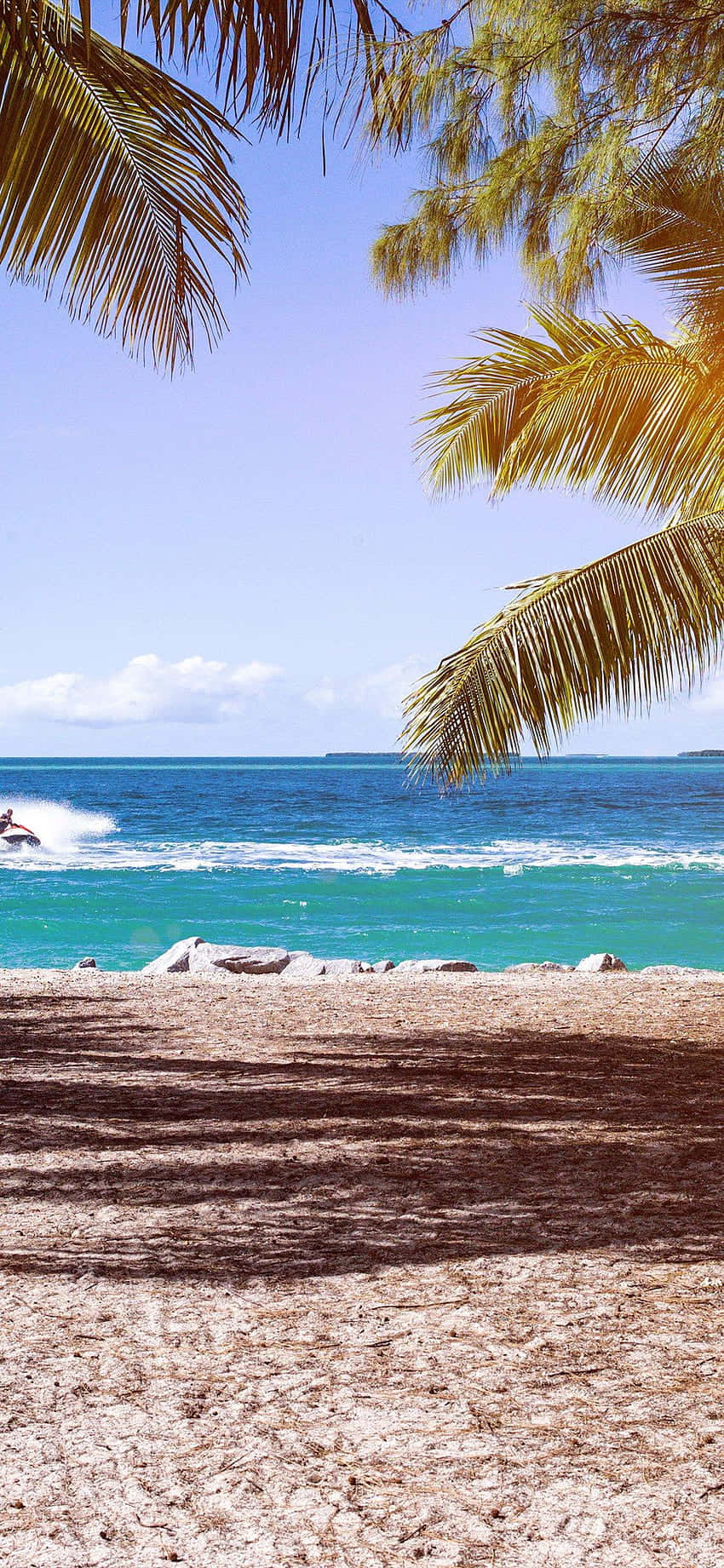 A Beach With Palm Trees And A Beach Ball Wallpaper