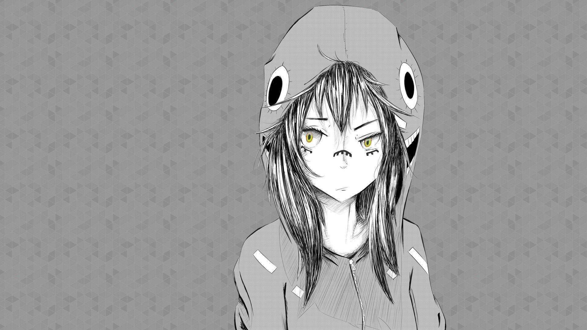 Cute Black And White Aesthetic Anime Girl With Hoodie