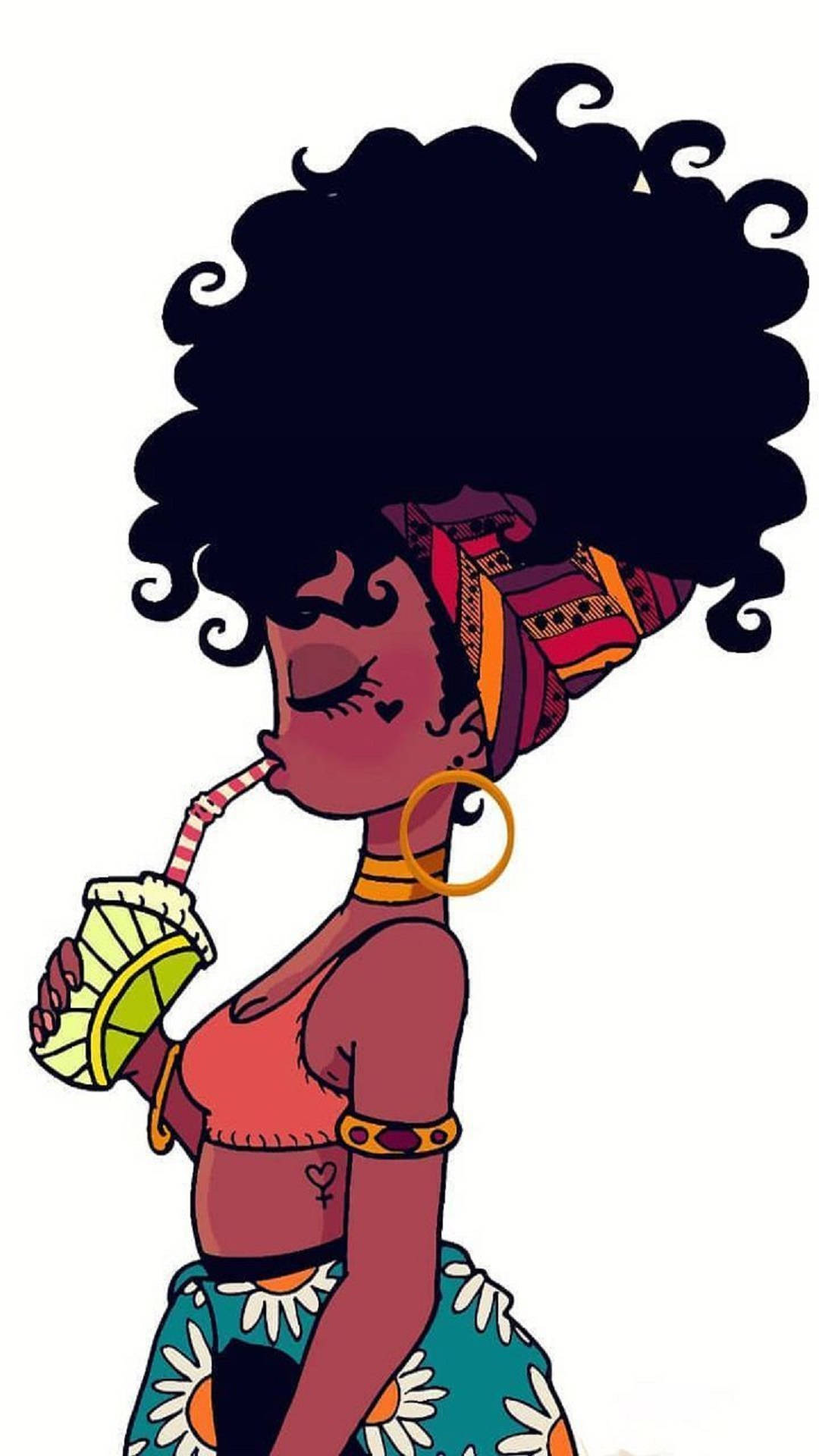 Cute Black Girl Drink Cartoon Art Wallpaper