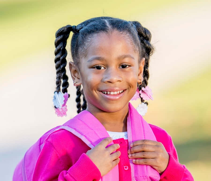 A Young Girl With Braids Smiling With A Pink Backpack