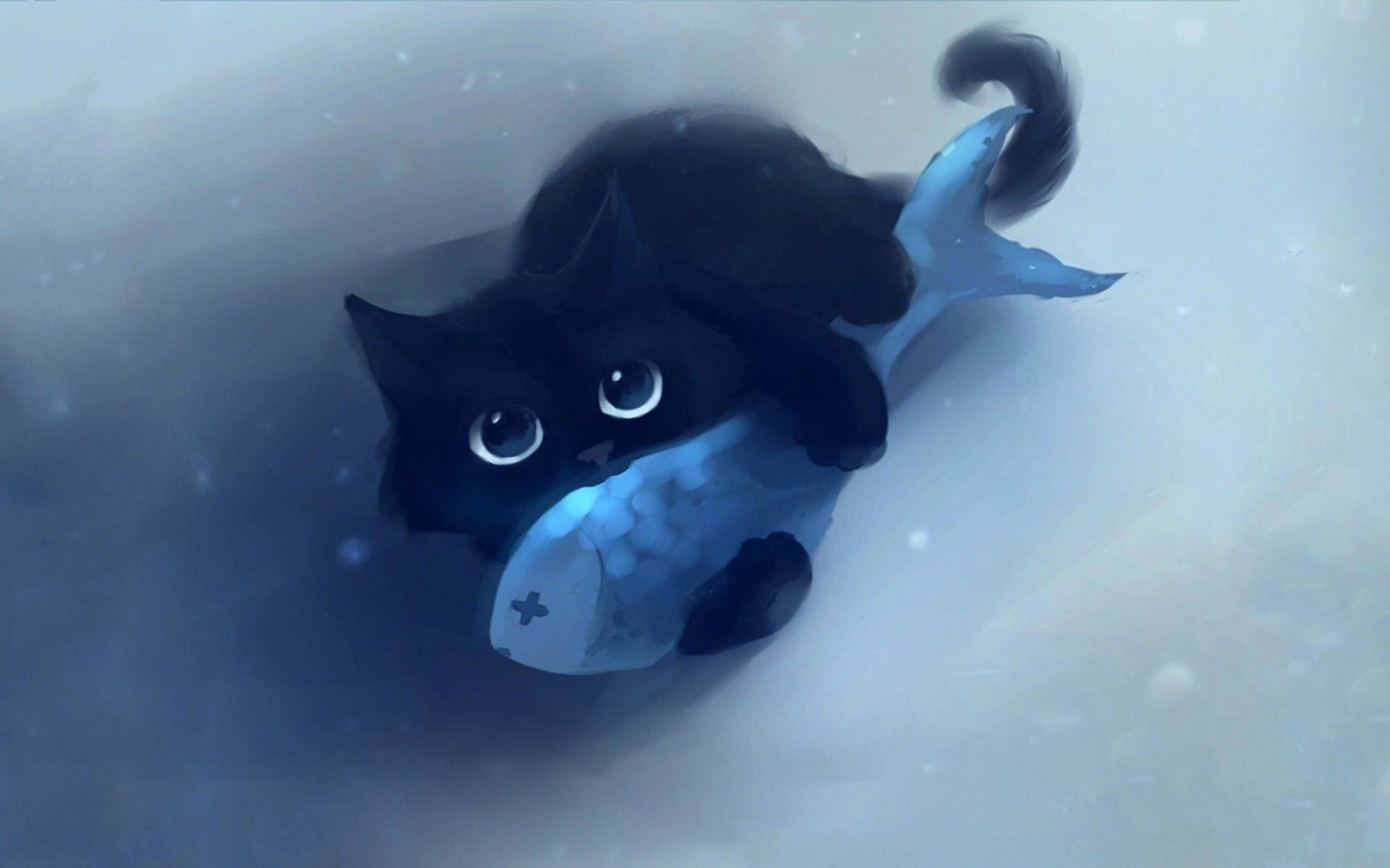 Cute Black Kitten With A Fish Wallpaper
