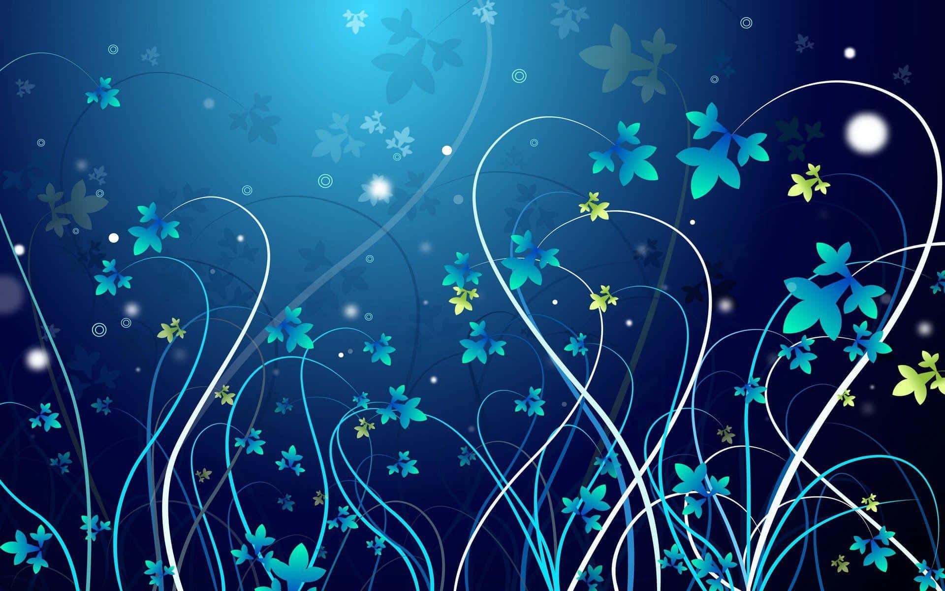 Enblå Bakgrund Med Blommor Och Stjärnor
