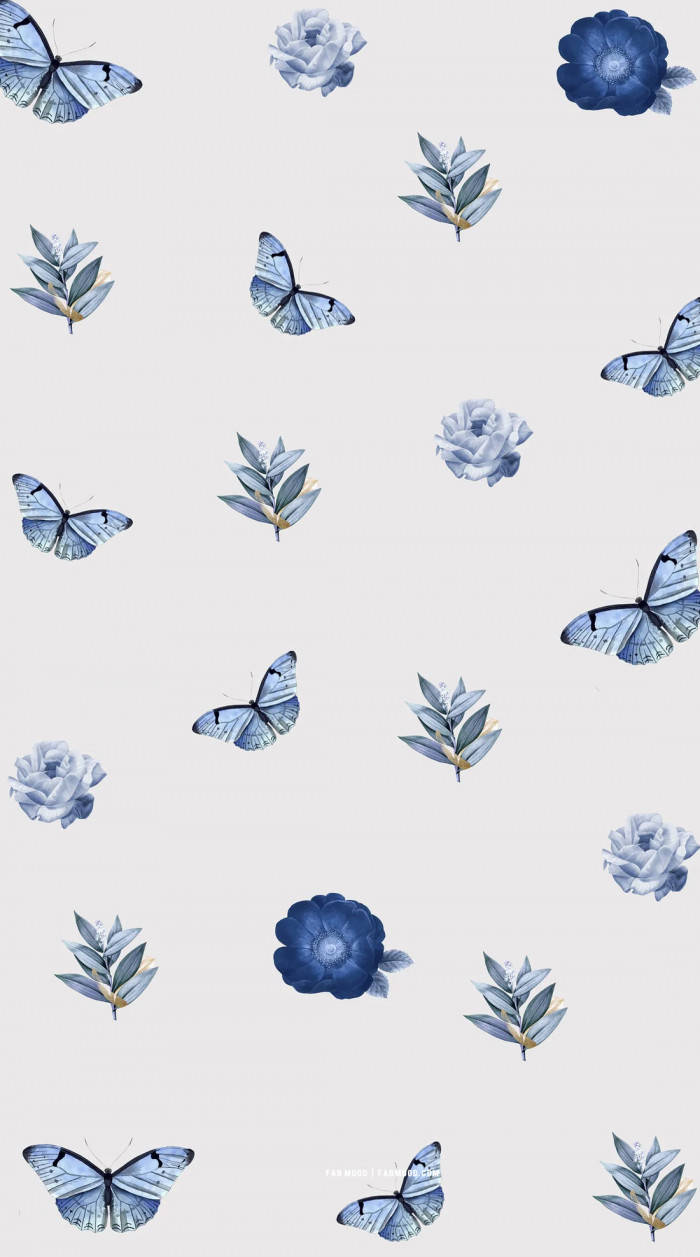 Sötablå Telefonfjärilar Och Blommor. Wallpaper