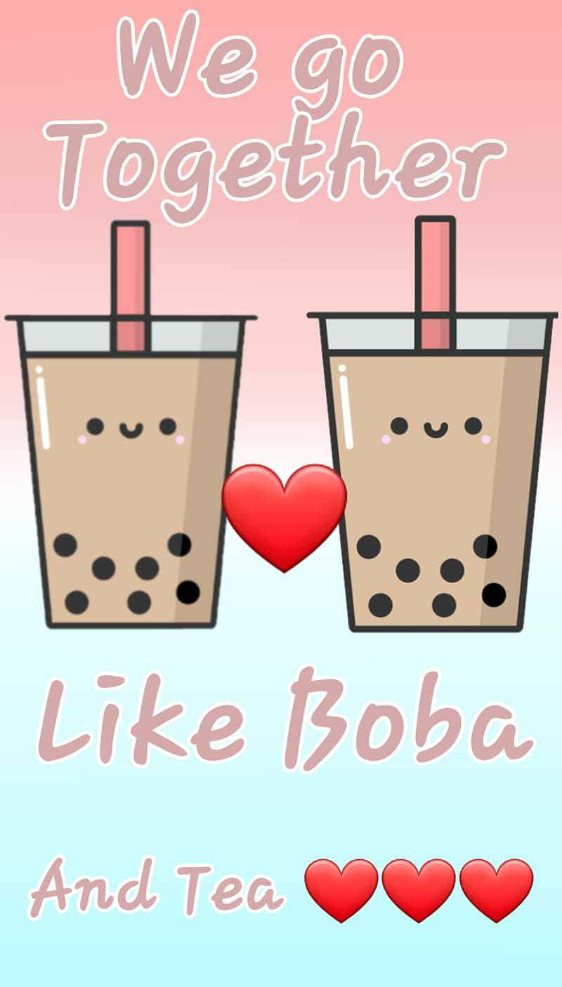 Cute Boba Couple With Red Hearts Wallpaper