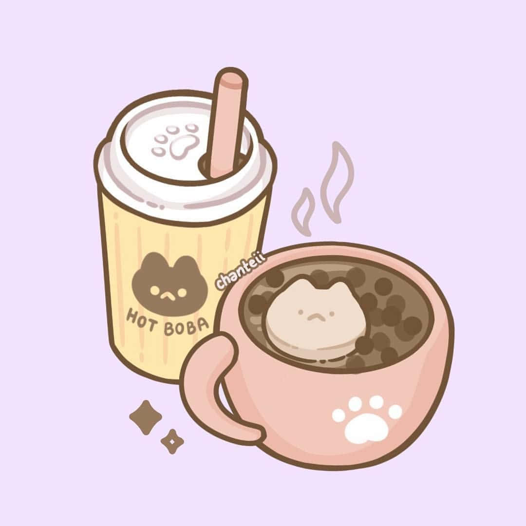 Cute Boba In Cup Cat And Paws Design Wallpaper