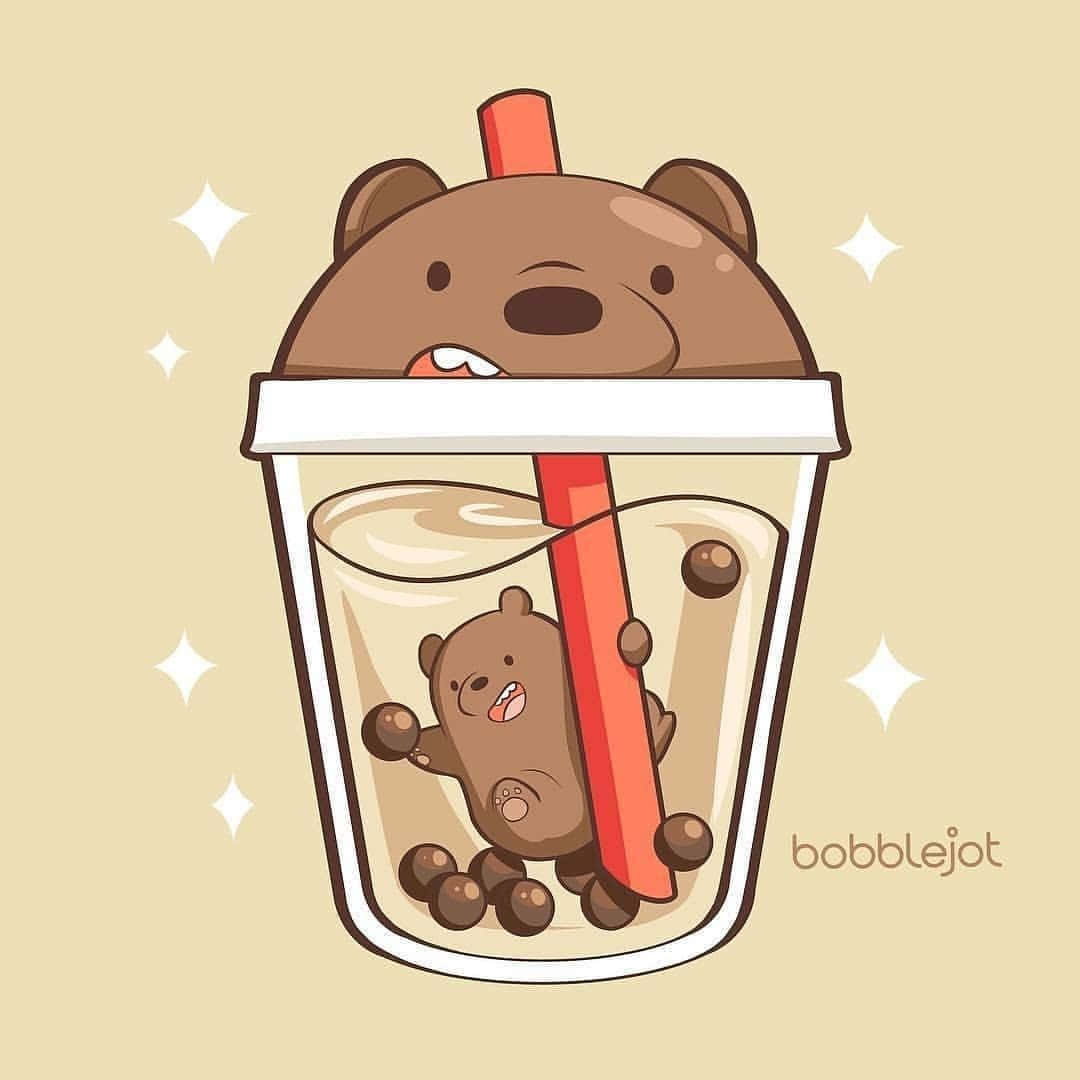 Cute Boba Tea Grizzly Bear Wallpaper
