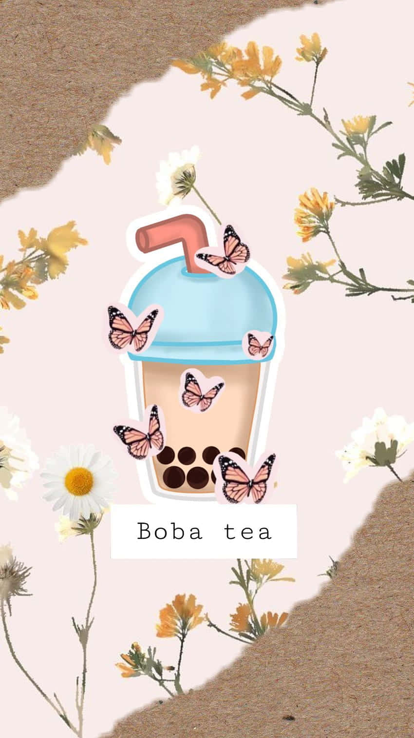 Cute Boba With Butterfly Aesthetic Wallpaper