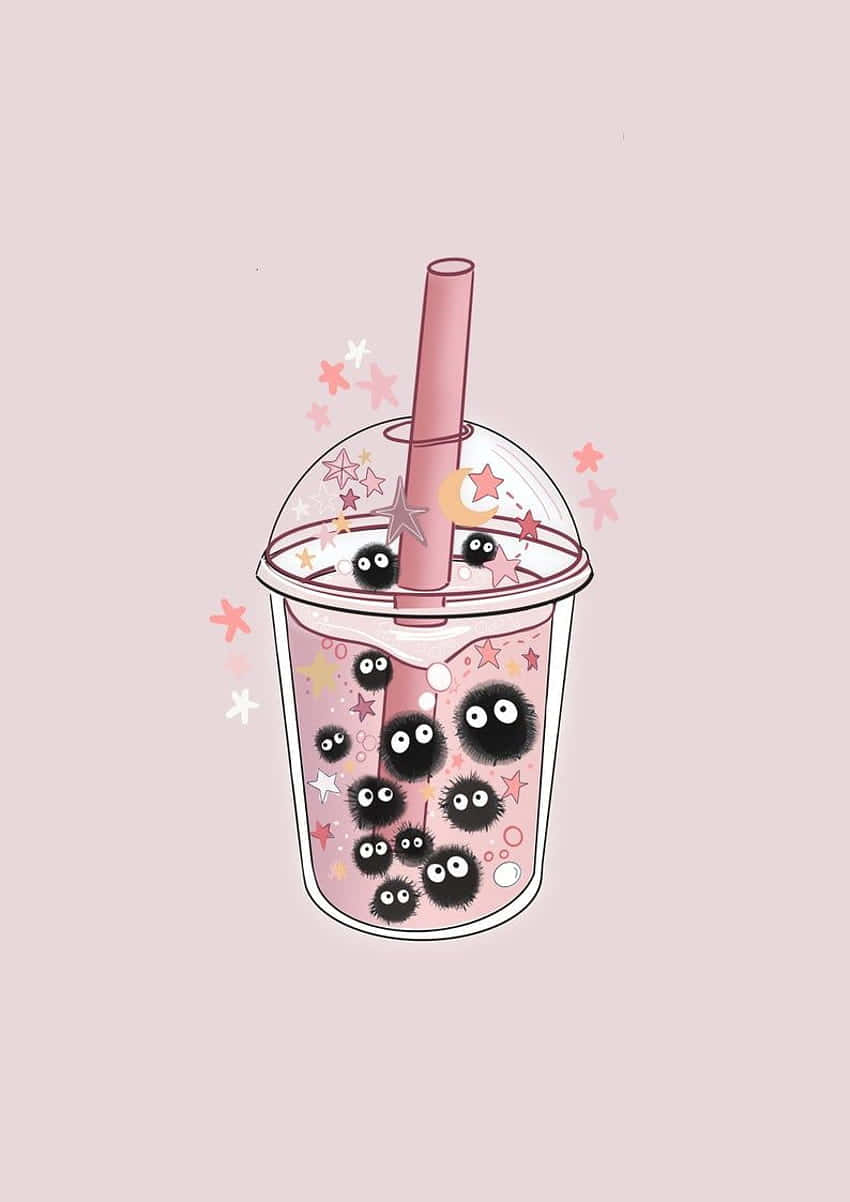 A cheerful cup of cute boba tea, surrounded by pink sparkling stars. Wallpaper
