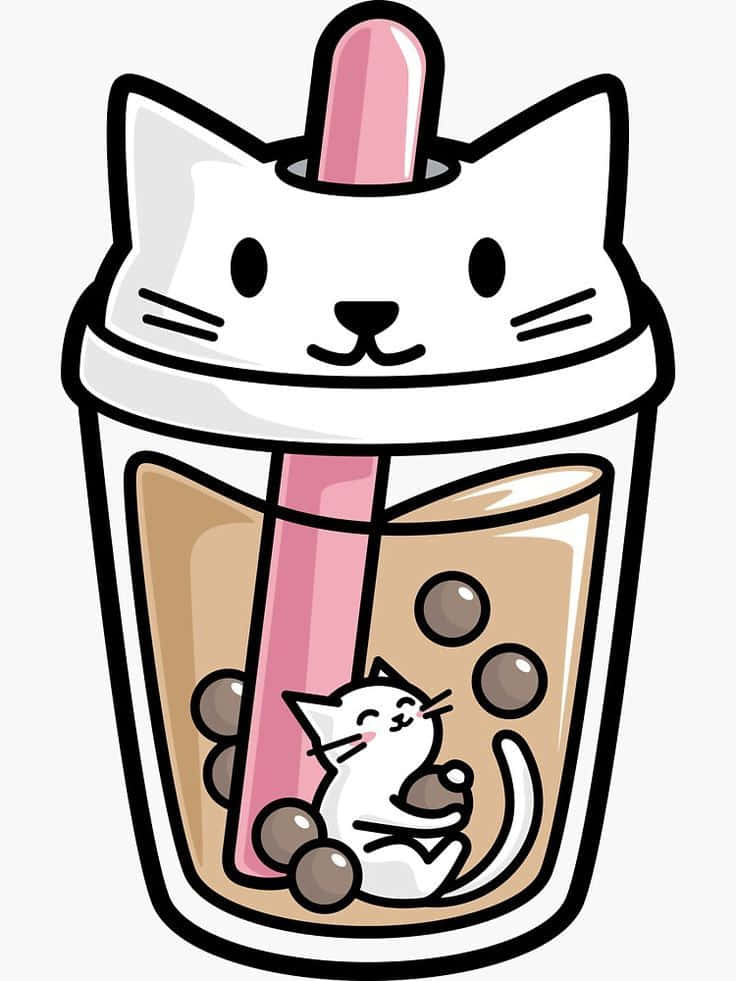 Cute Boba With White Cat Lid Wallpaper