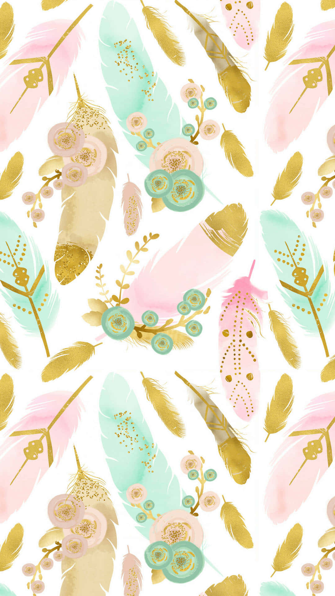 A Pattern With Feathers And Flowers On A White Background Wallpaper
