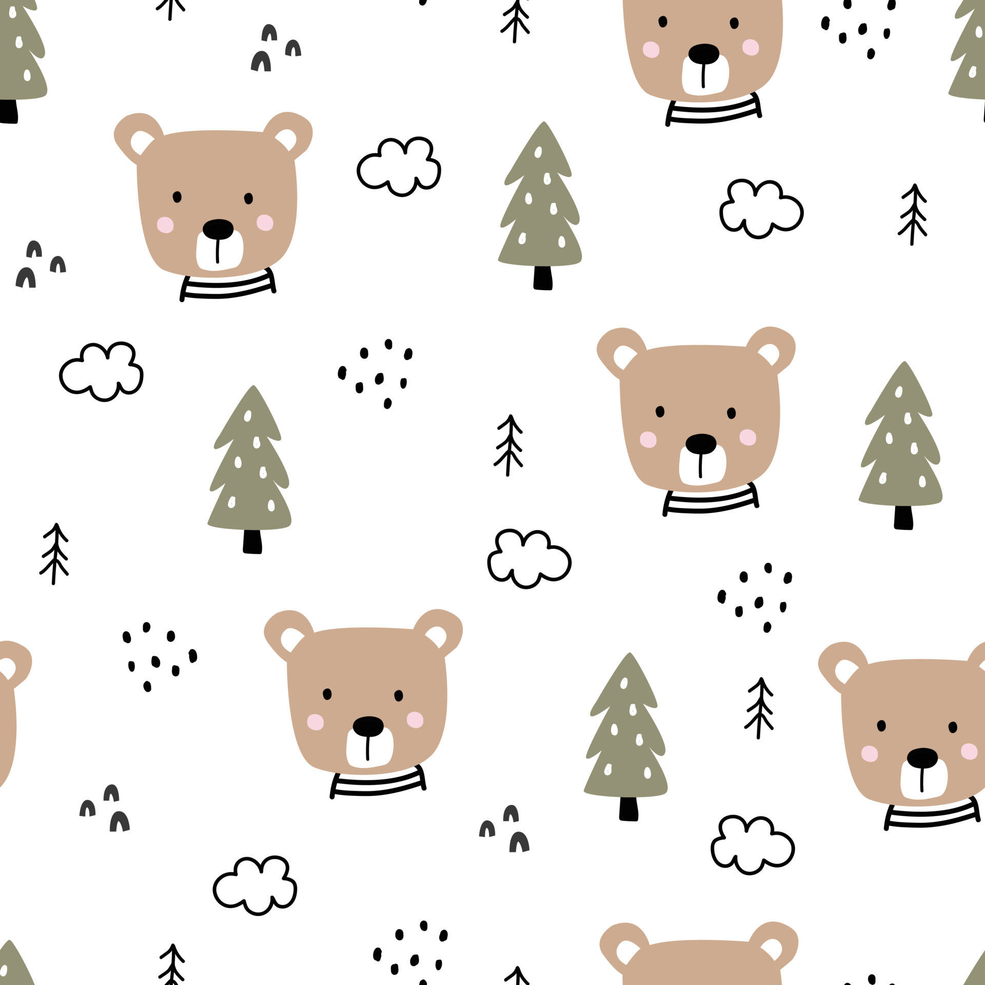 Sød brunbjørn og træ tegneserie collage Wallpaper