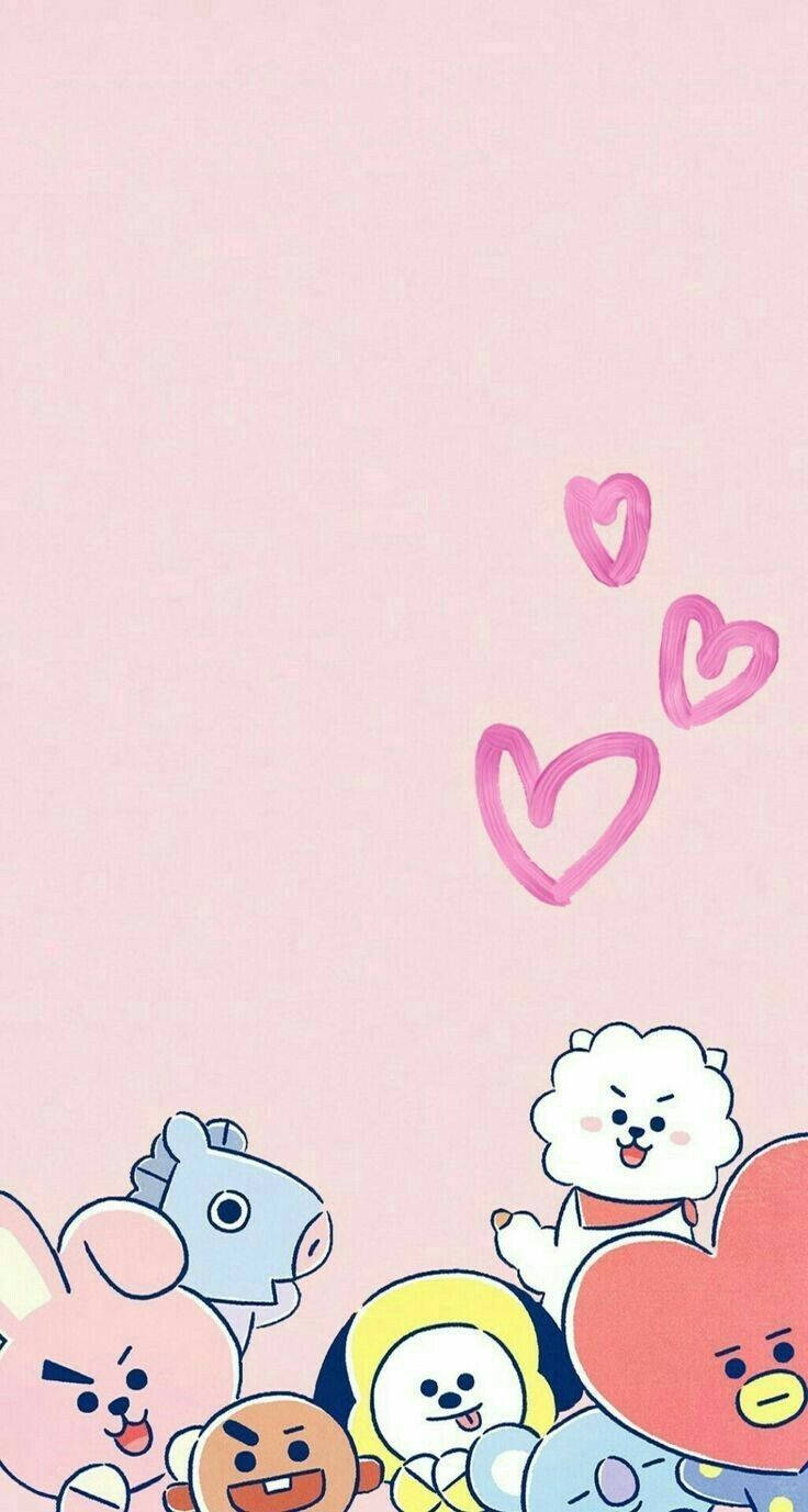 Cute Bt21 Characters Hearts Outline Background