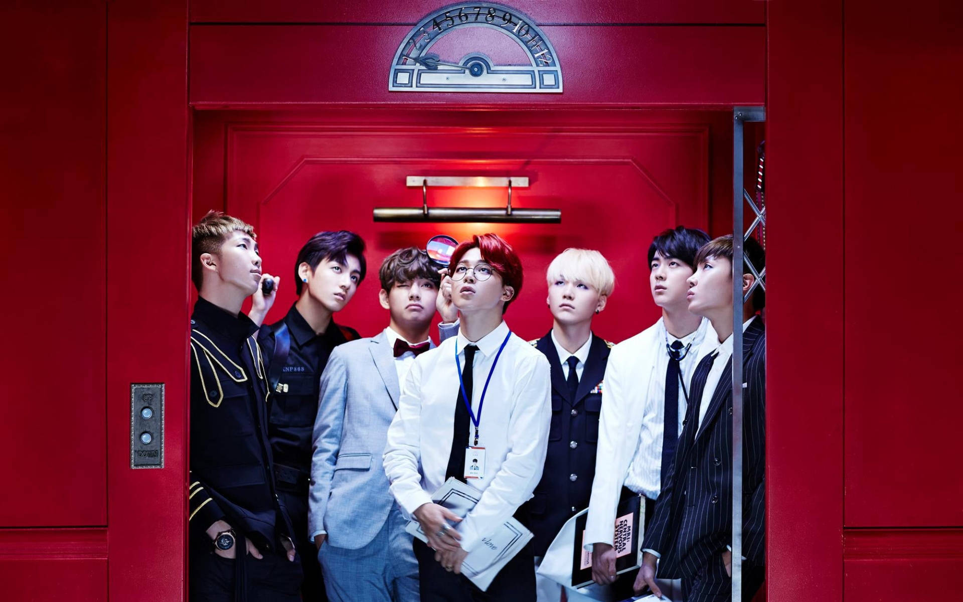 Cute Bts Group In A Red Elevator Background