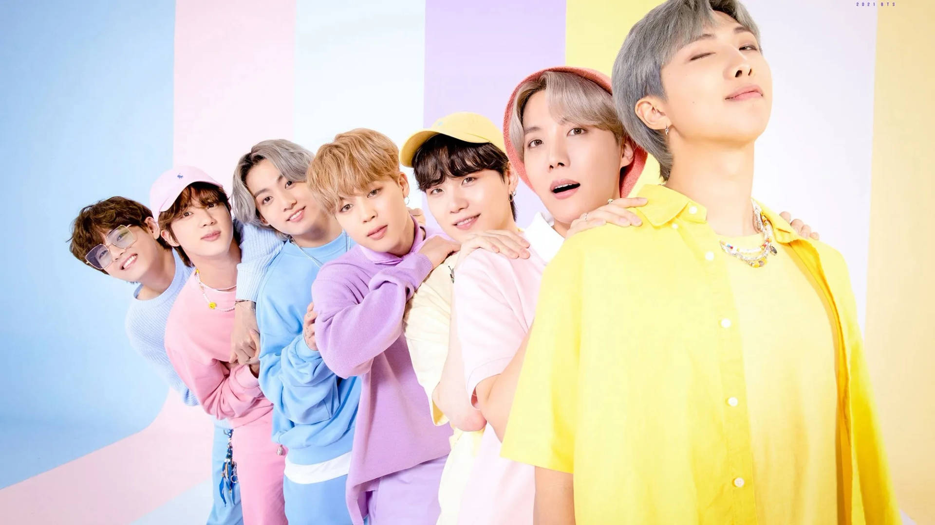Cute Bts Group Lined Up In Pastel Colors